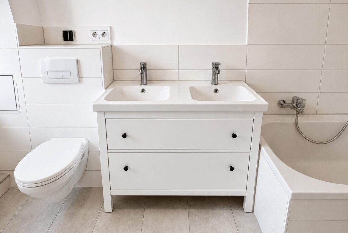 Modern white bathroom with a double-sink vanity, wall-mounted toilet, and a bathtub with chrome fixtures.