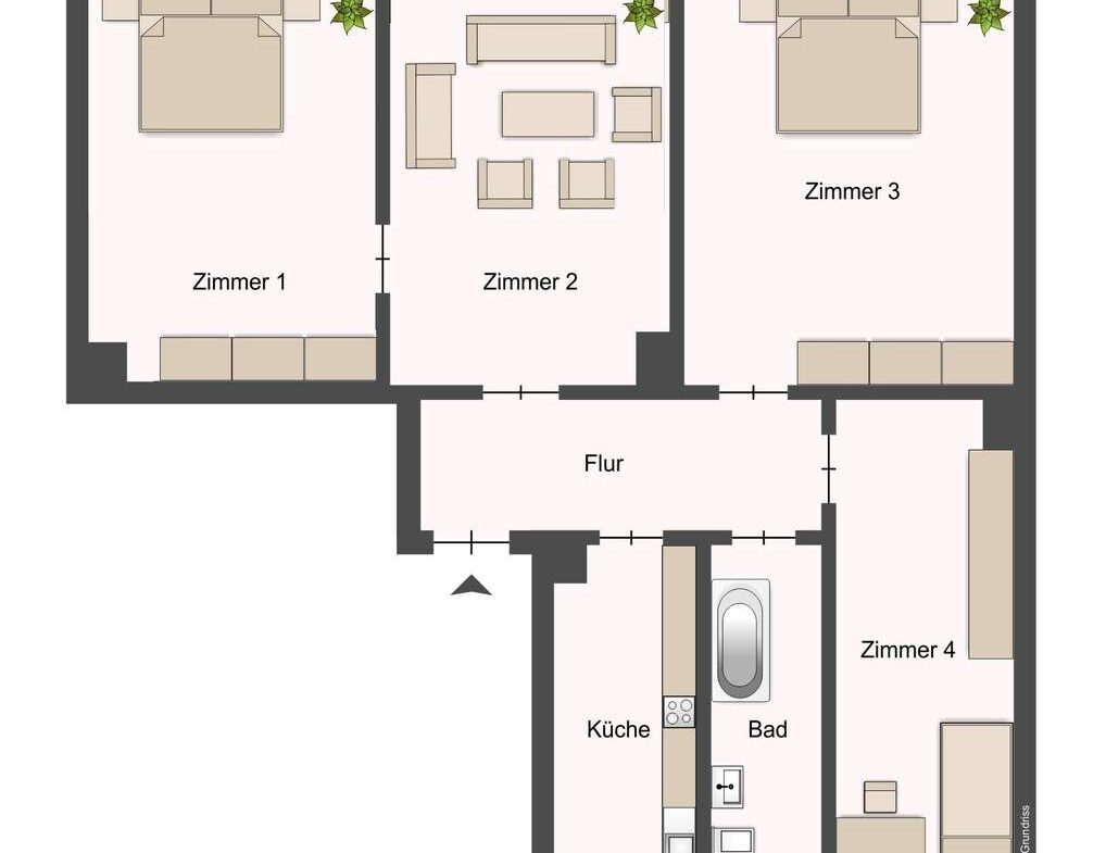 Grundriss einer Mietwohnung: zentraler Flur verbindet Zimmer 1–4, Küche, Bad und Balkon; Möbel wie Betten, Sofa und Tisch sind dargestellt.