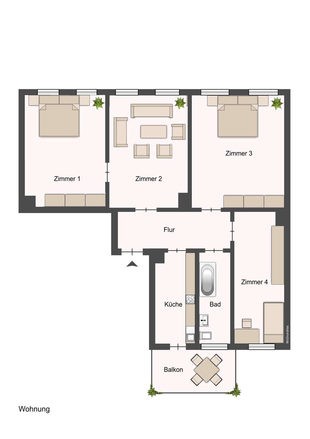 Grundriss einer Mietwohnung: zentraler Flur verbindet Zimmer 1–4, Küche, Bad und Balkon; Möbel wie Betten, Sofa und Tisch sind dargestellt.