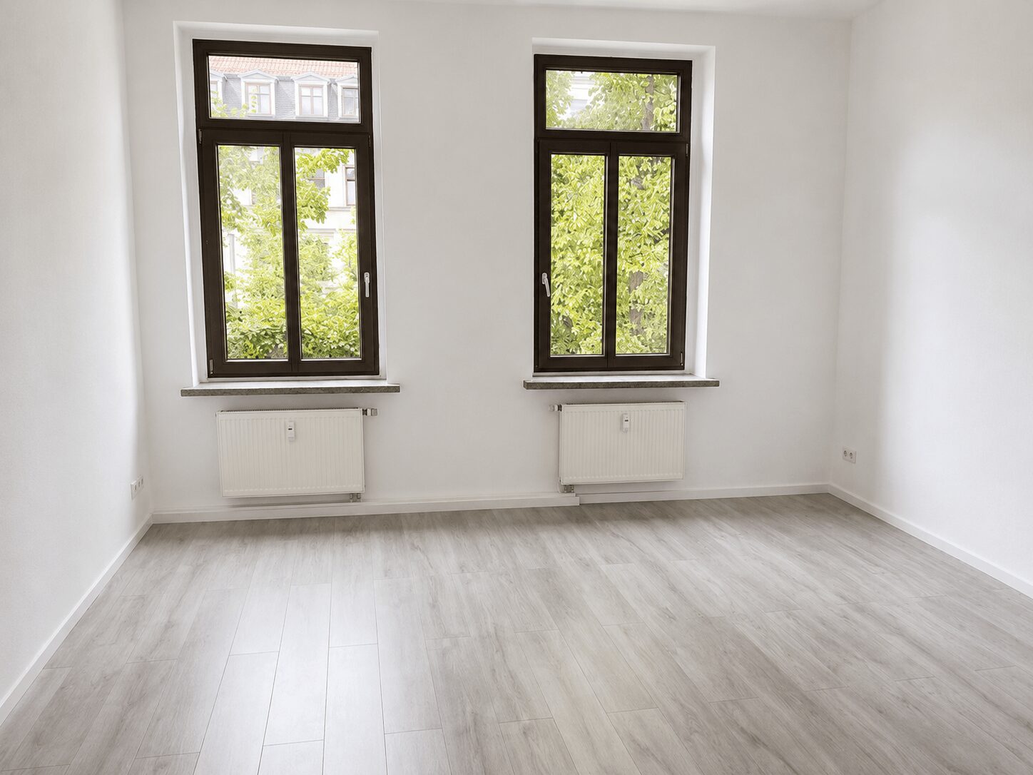 Bright empty room with two tall dark-framed windows, white walls, light gray wood flooring, and radiators beneath the windows; greenery visible outside. (Interior, unfurnished)