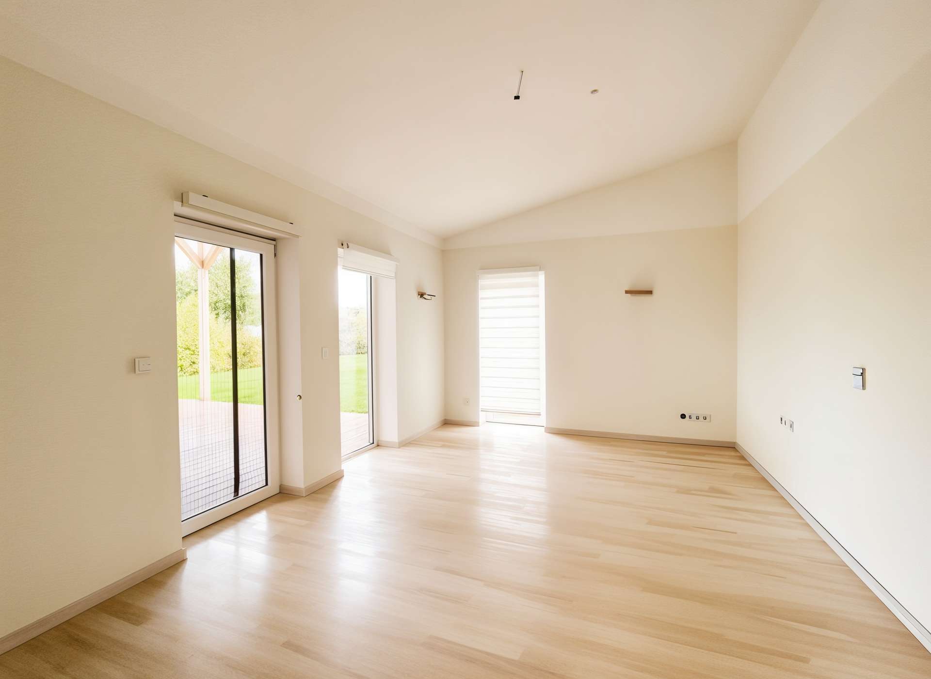 Bright empty living room with light wood floors, beige walls, and sliding glass doors to a Patio/Yard area