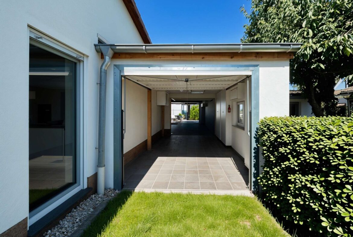 Open covered walkway between a white house and a tall green hedge, with a tiled gray floor and blue sky above.