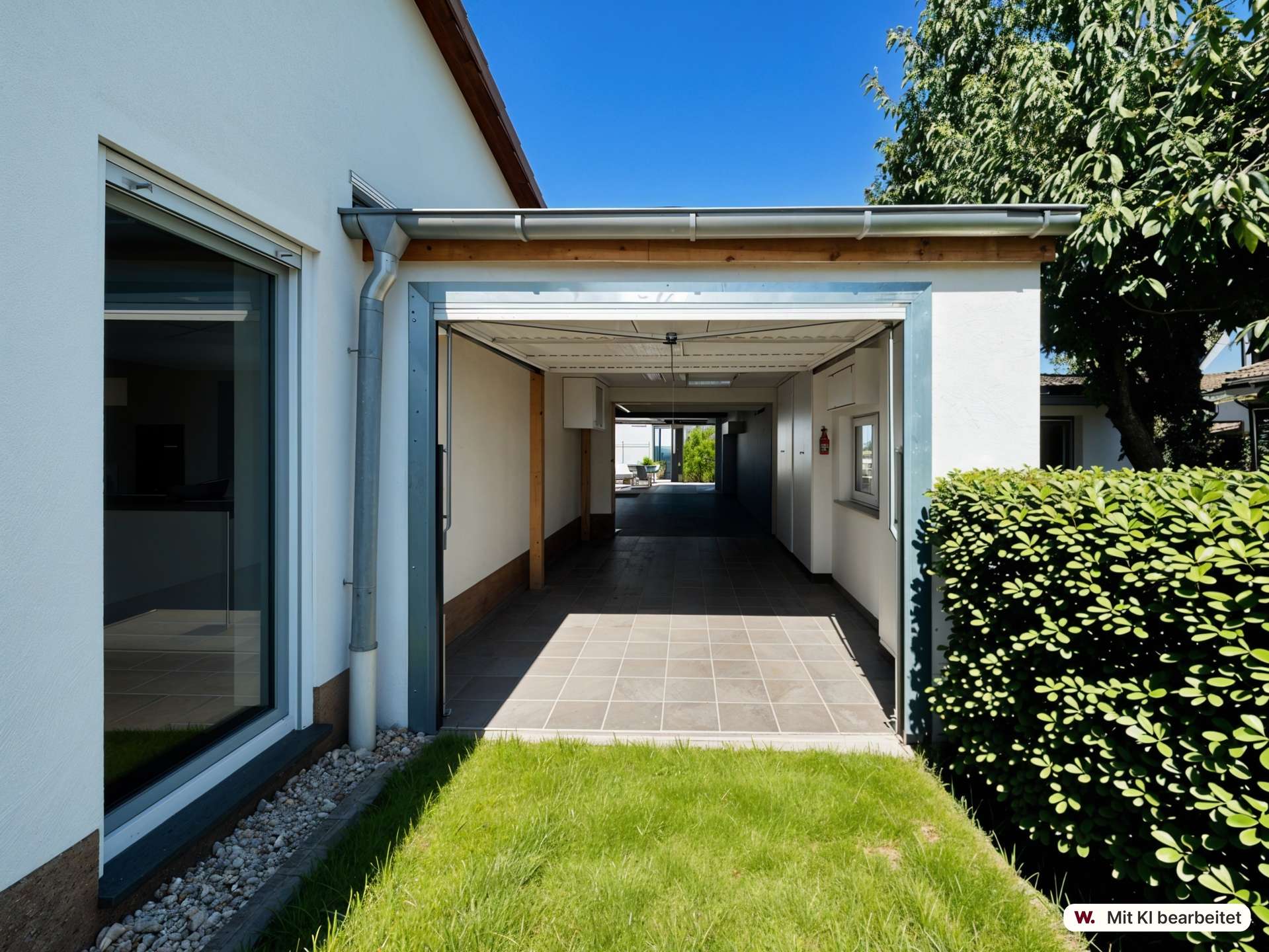 Open covered walkway between a white house and a tall green hedge, with a tiled gray floor and blue sky above.