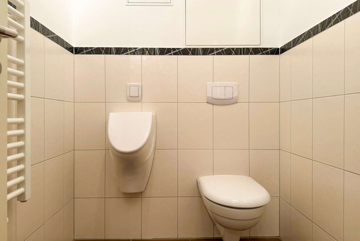 Small bathroom with a wall-hung toilet, dual-flush panel on the wall, beige tiled walls, and a dark decorative tile border near the top left-to-right.
