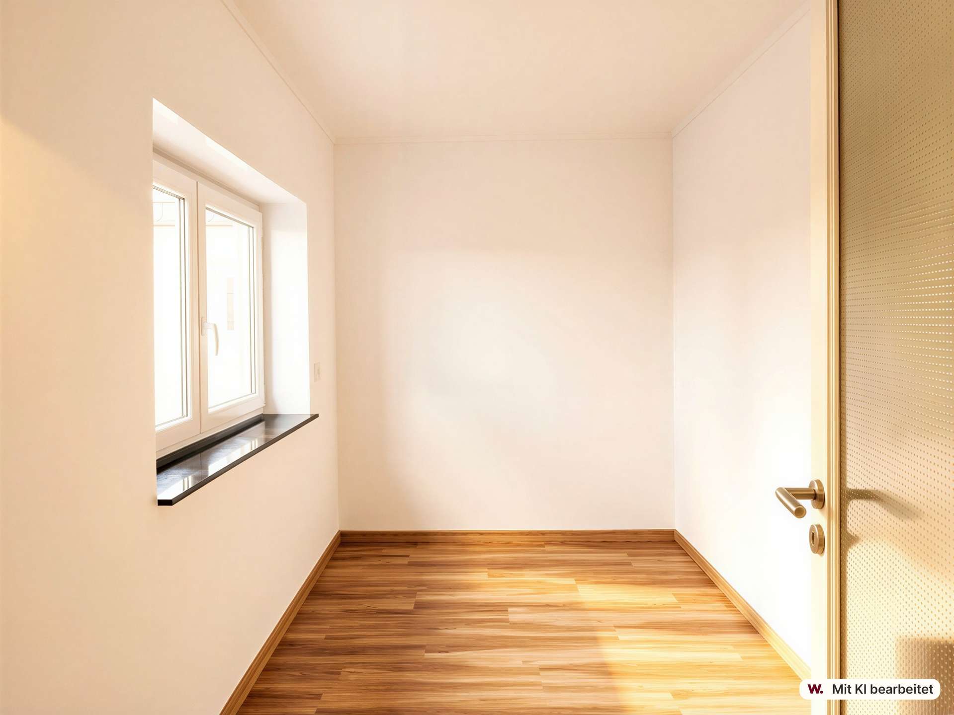 Bright empty corner of a room with a window on the left and a glass-panel door on the right, wooden floor.