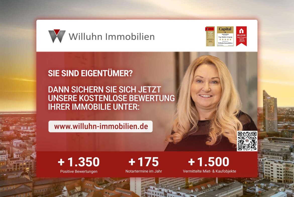 Willuhn Immobilien hero: smiling woman with cityscape background and red overlay, company branding at top left.