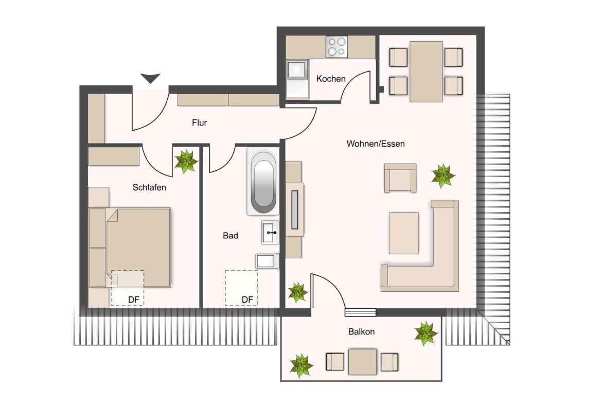 Floor plan of an apartment: living/dining area to the right, kitchen top center, bedroom left, bathroom center, balcony bottom, with German labels (Wohnen/Essen, Kochen, Schlafen, Bad, Balkon, Flur).