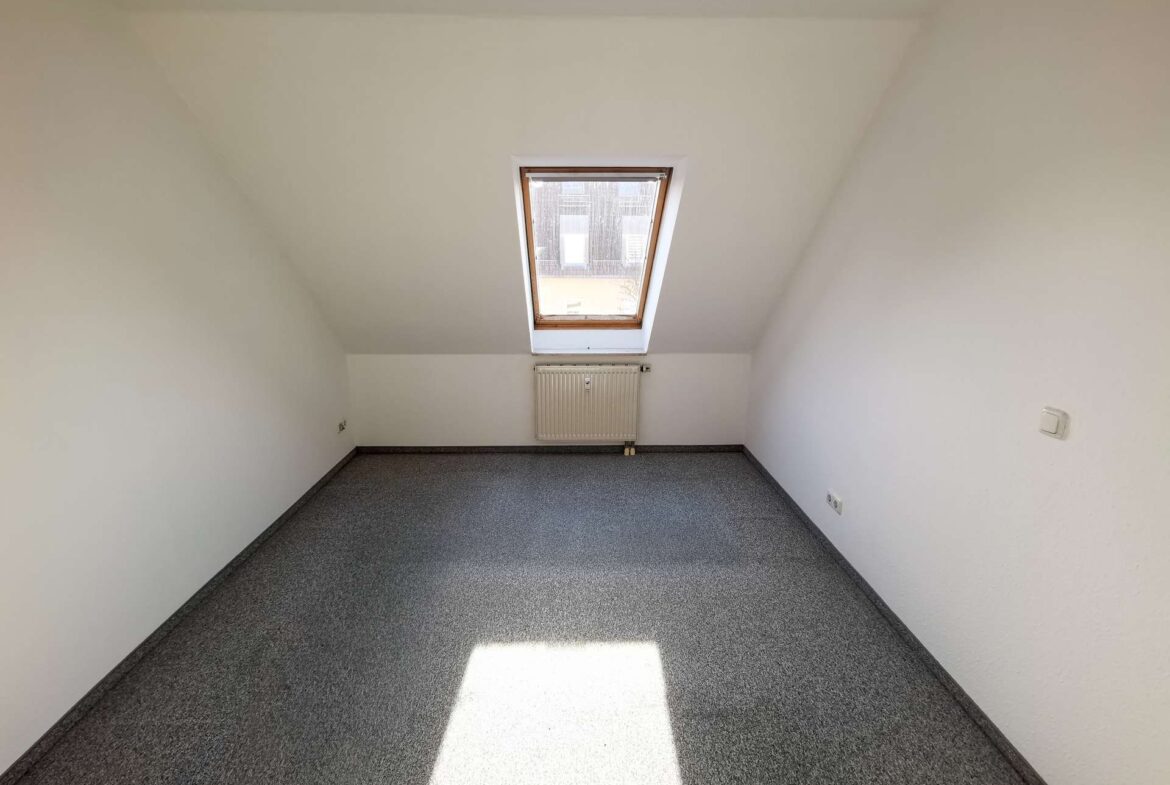 Empty attic or small room with sloped ceiling, central skylight window, and a radiator below the window; gray carpeted floor.