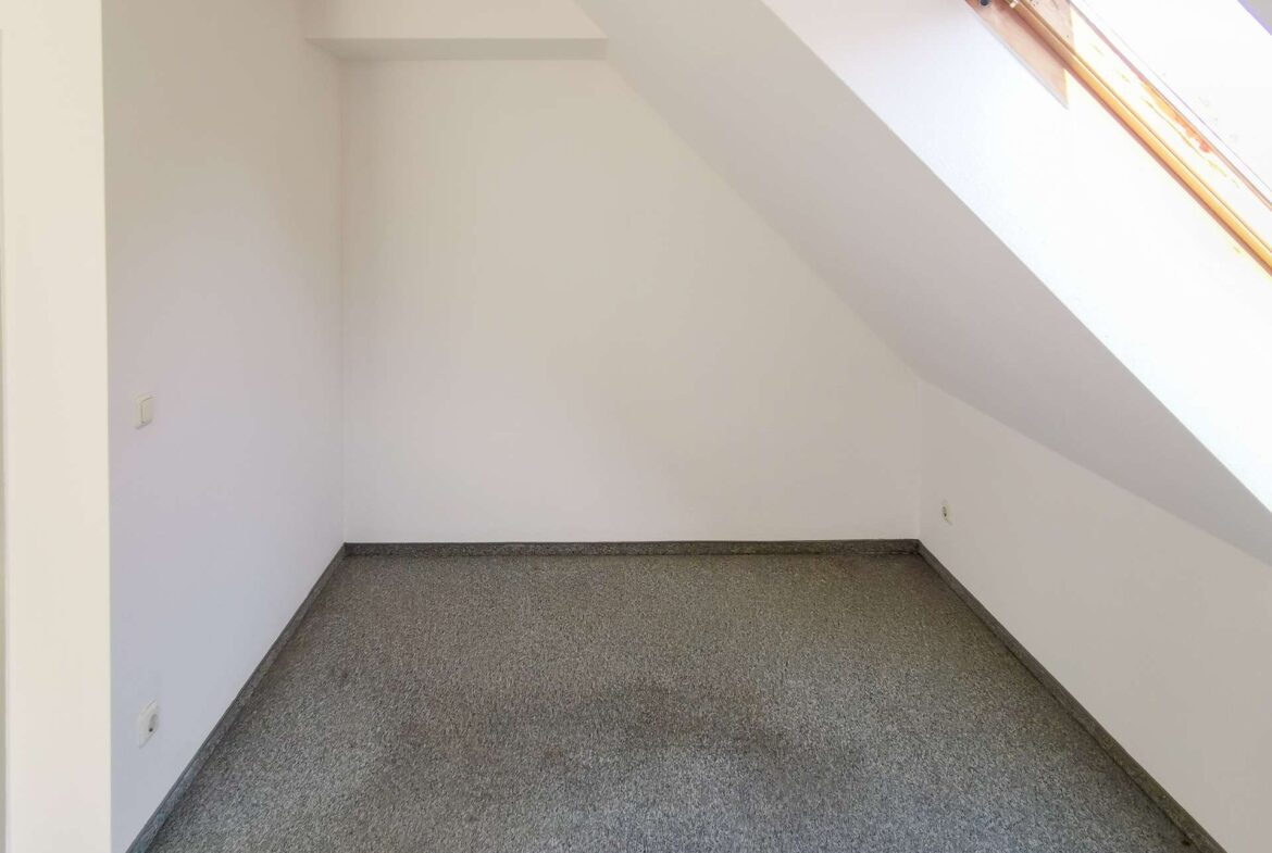 Empty attic-like room with white walls, a sloped ceiling, and a skylight on the right; gray speckled floor.