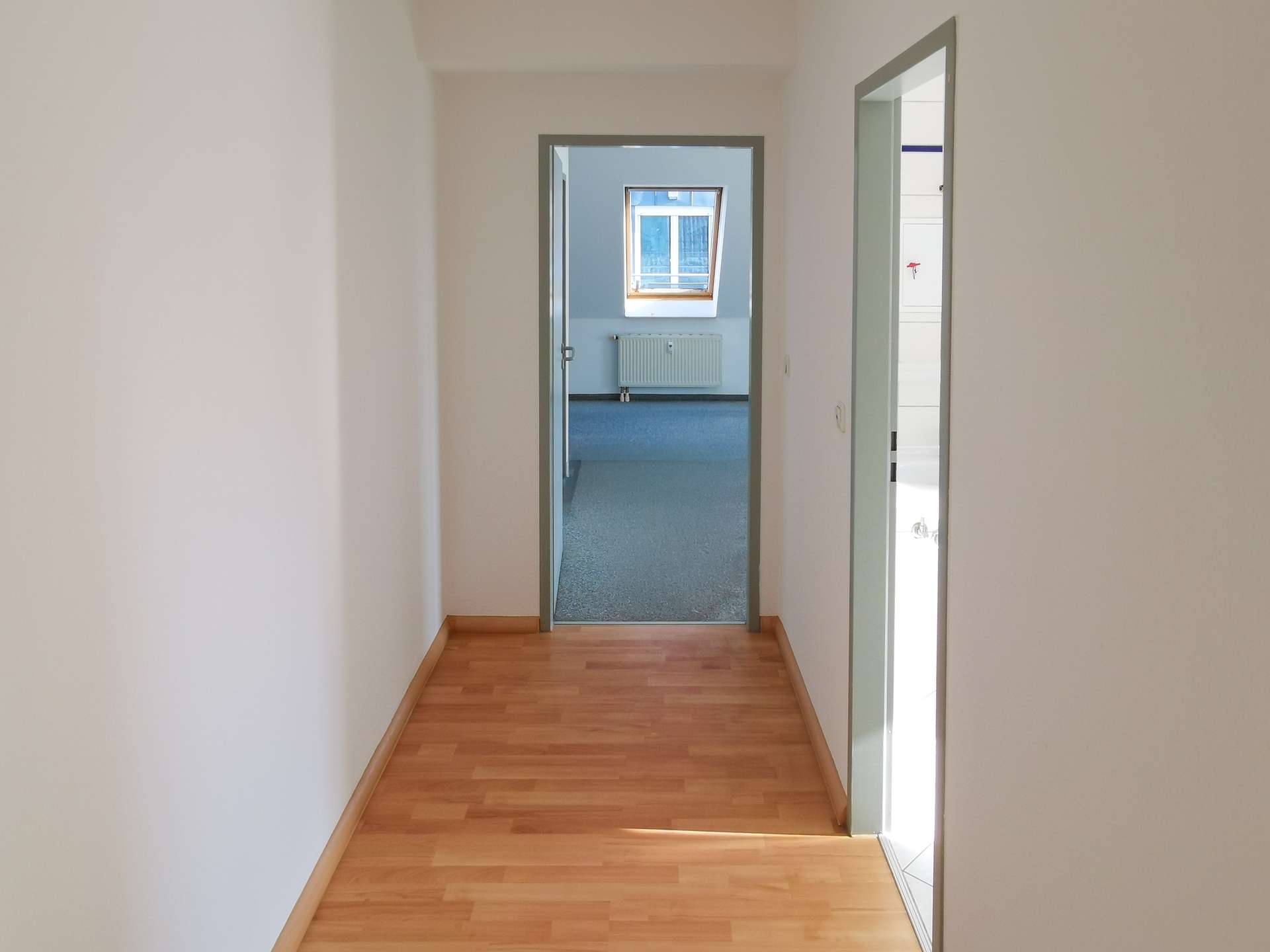 Hallway with light wood floor leading to a blue-carpeted room containing a radiator under a window.