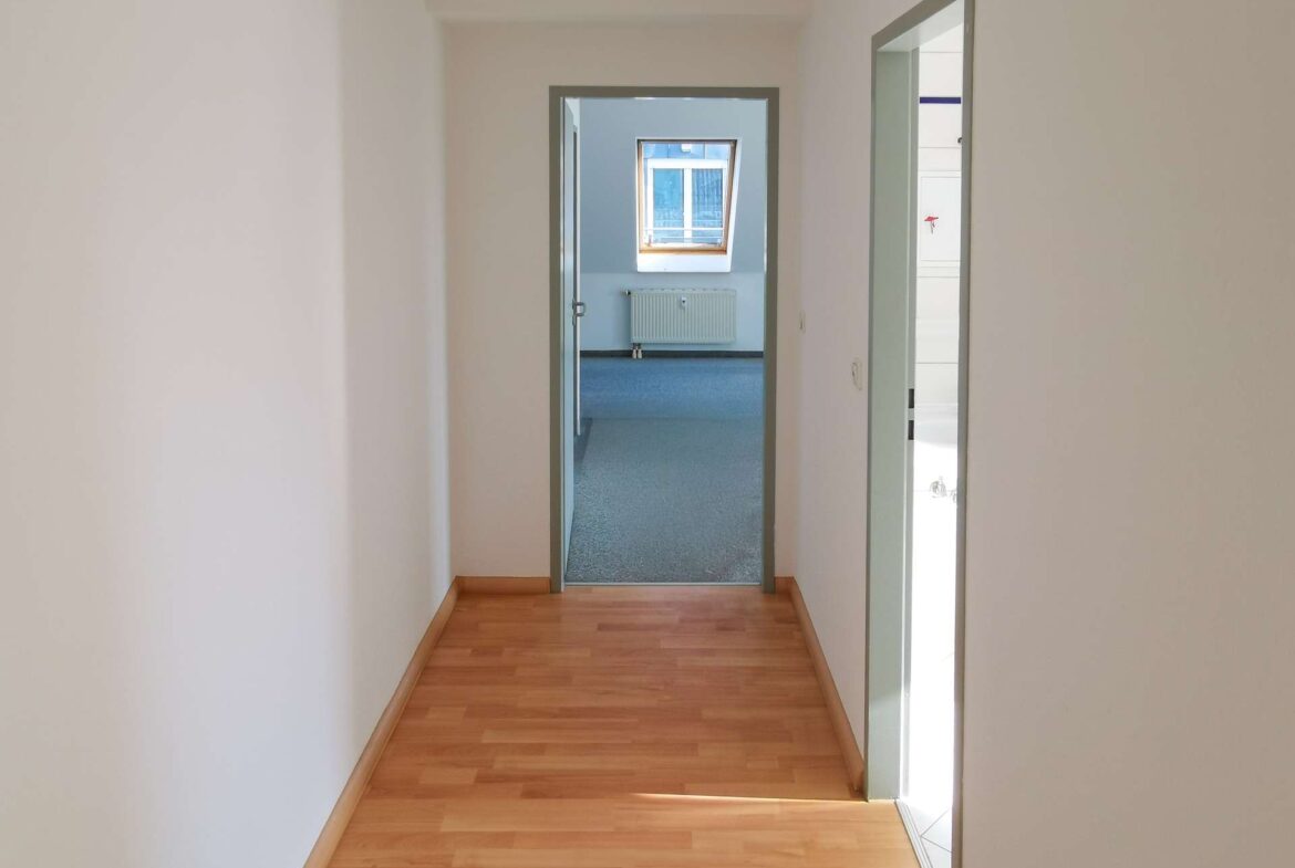 Bright hallway with light wood floor leads to a blue-carpeted room, radiator under a skylight window visible through an open doorway.