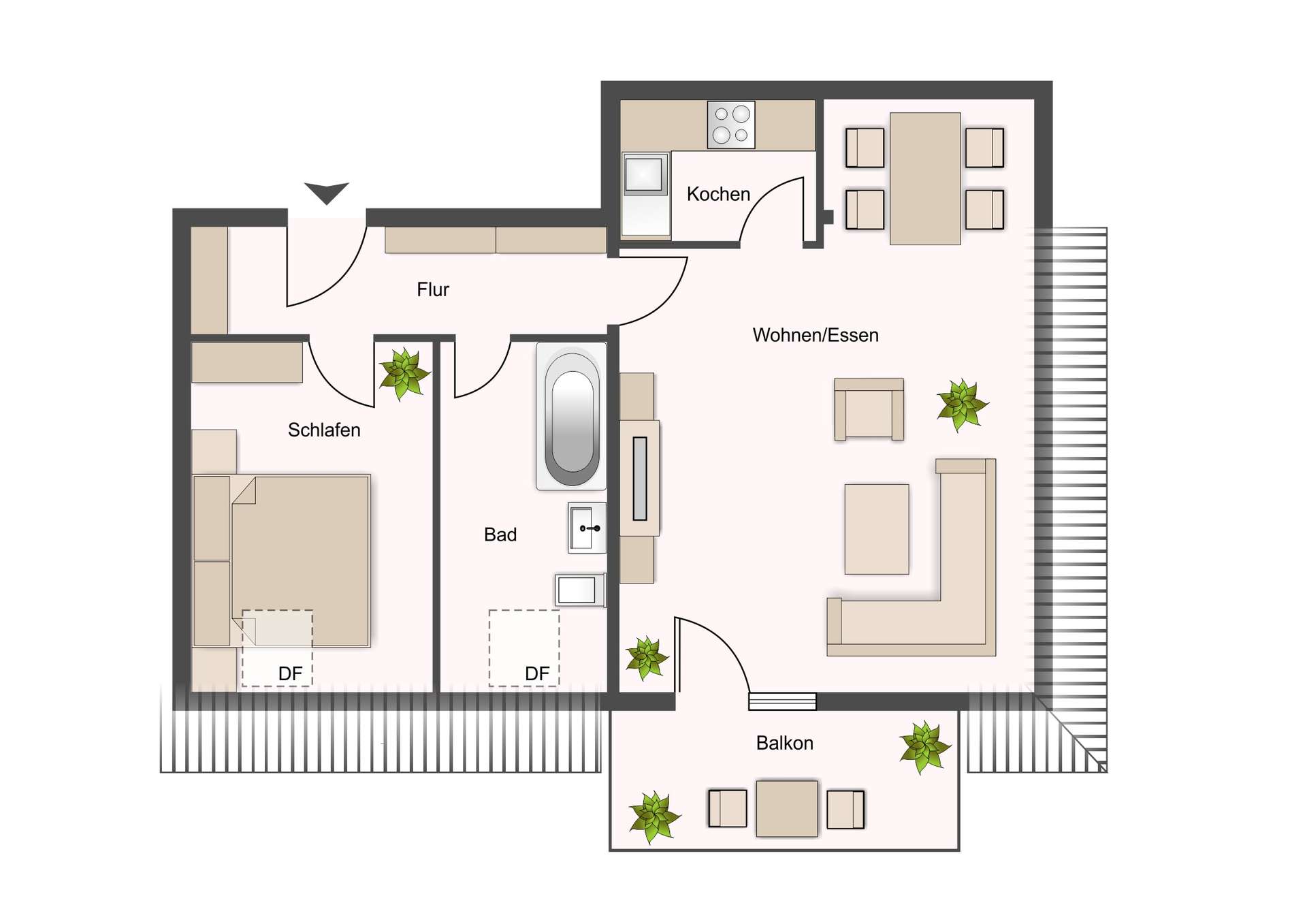 Grundriss einer Wohnung: Eingangsflur führt zu Schlafzimmer, Bad, Küche und Wohn-/Essbereich mit Balkon auf der rechten Seite.