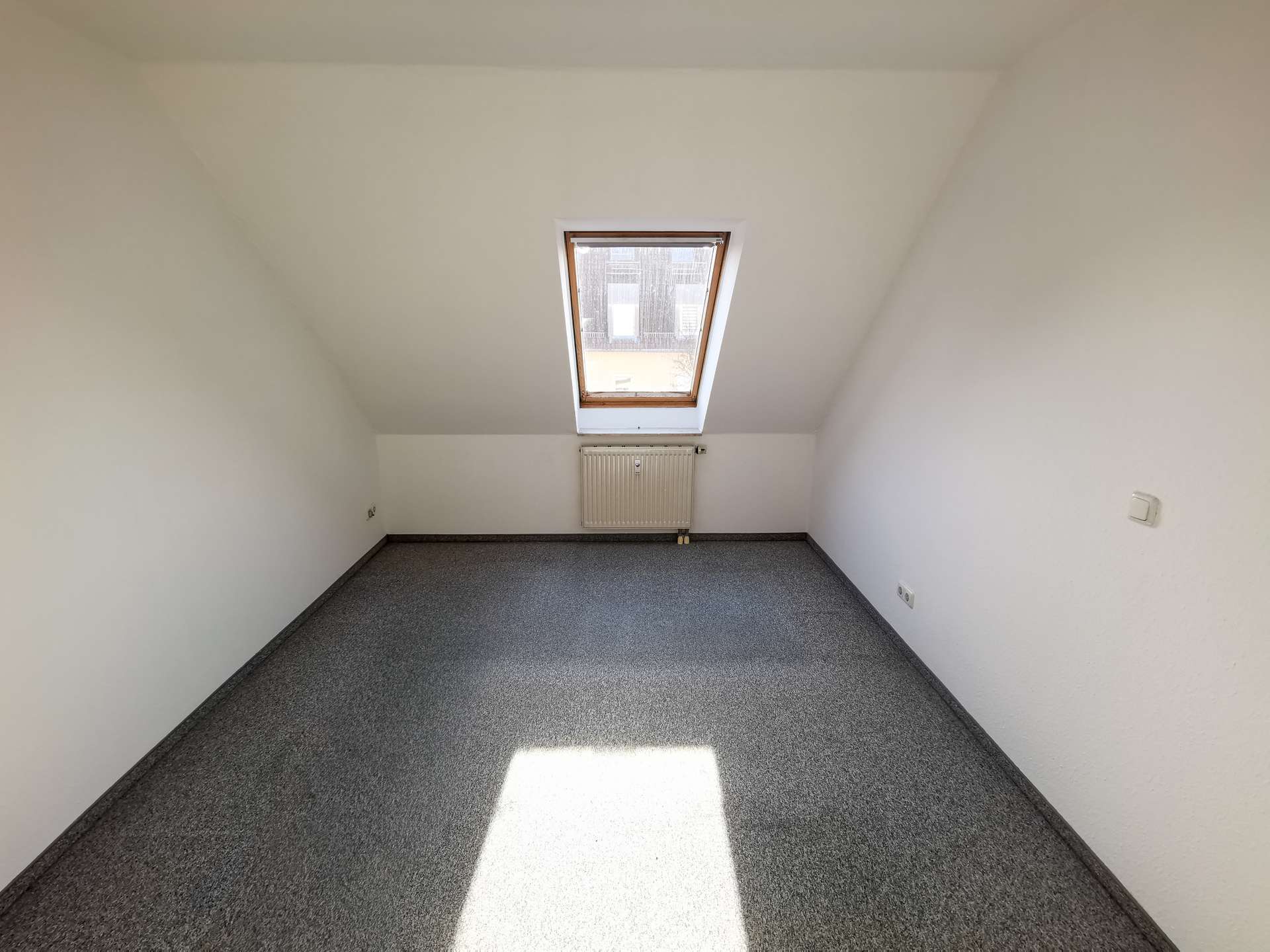 Small empty attic room with a skylight window and radiator along the back wall.