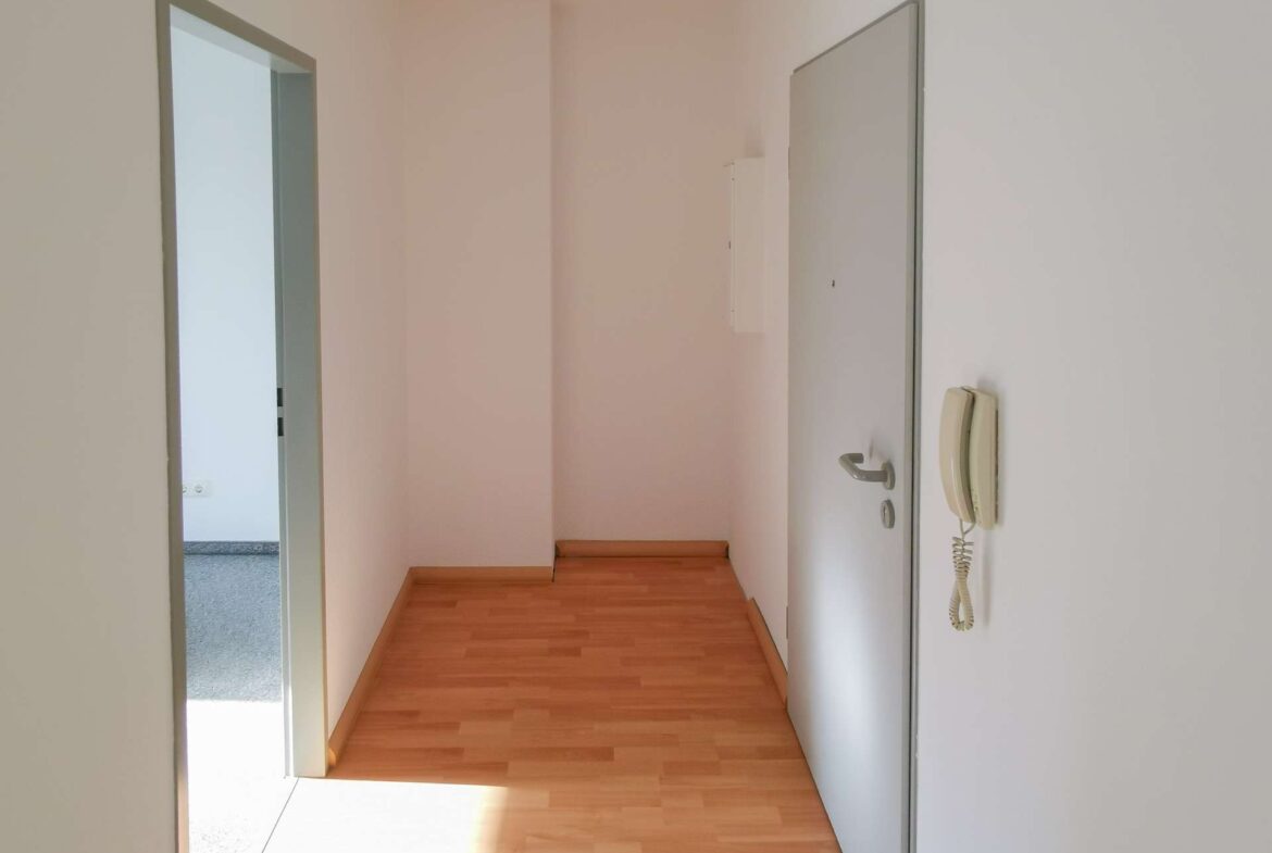 Narrow hallway with light wood flooring, white walls, a gray exterior door on the right, and an intercom mounted on the wall.