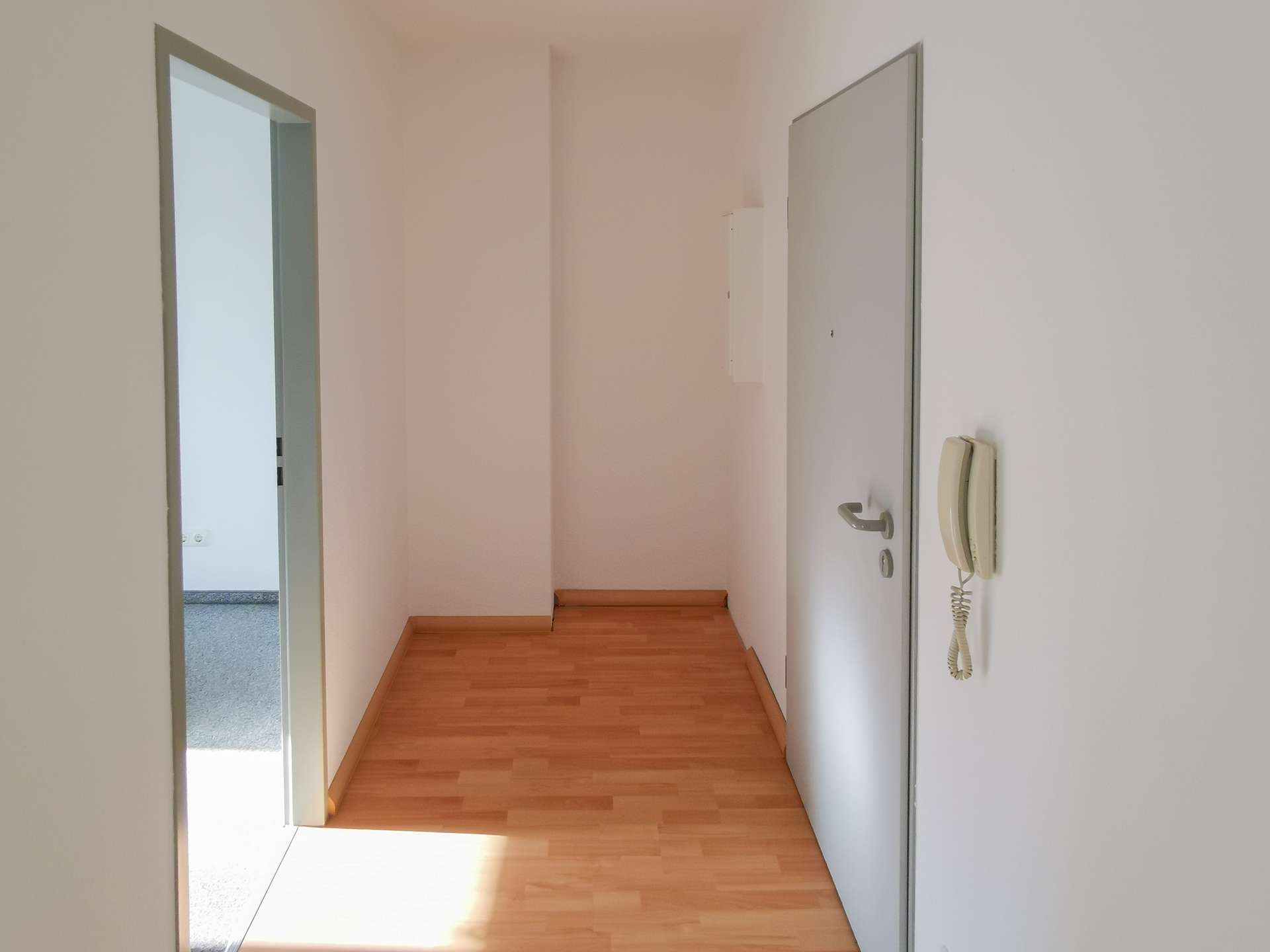 Narrow hallway with light wood flooring, white walls, a gray exterior door on the right, and an intercom mounted on the wall.