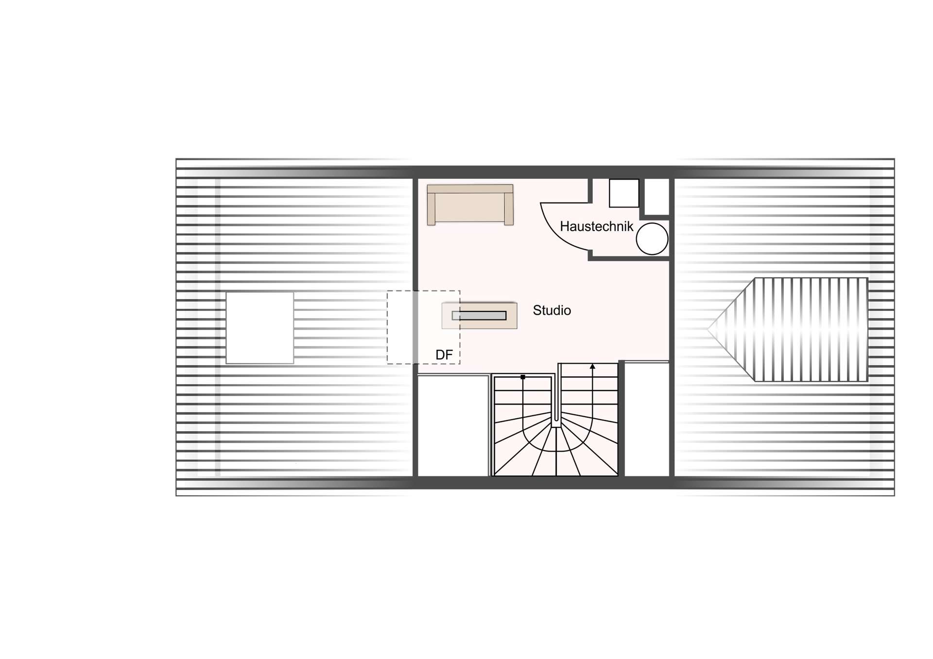 Top-down floor plan of a studio with stairwell, DF area, and a Haustechnik room in the corner.