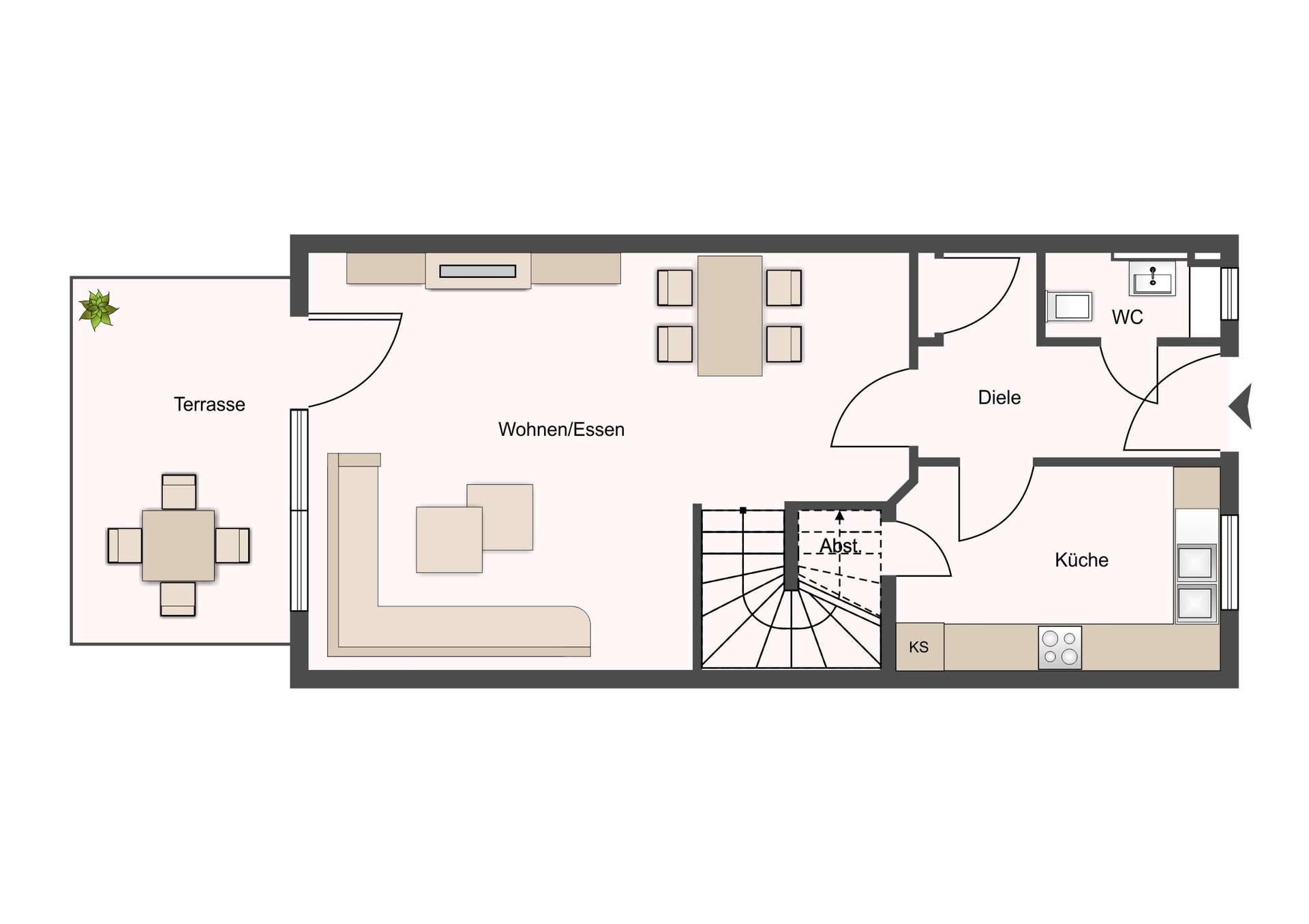 Floor plan of a home showing a terrace on the left, open living/dining area in the center, and a kitchen to the right with a staircase nearby.