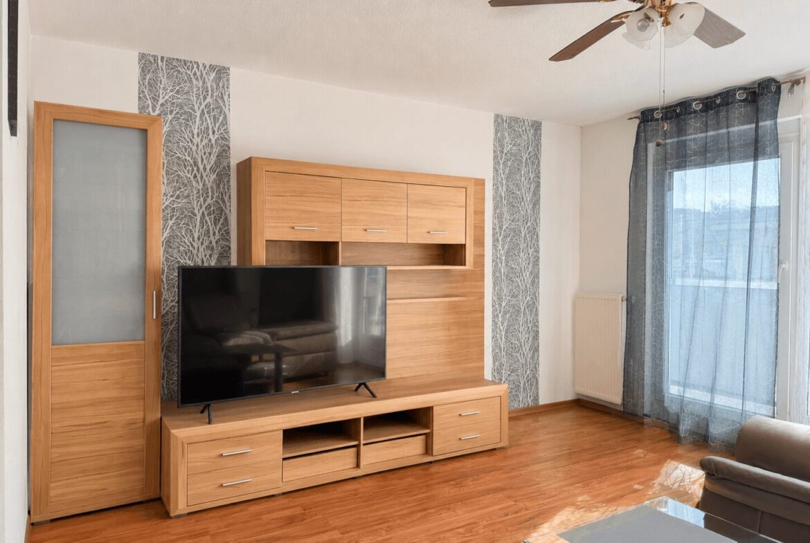 Living room with a wooden entertainment unit, large flat-screen TV on a low cabinet, and hardwood floors.