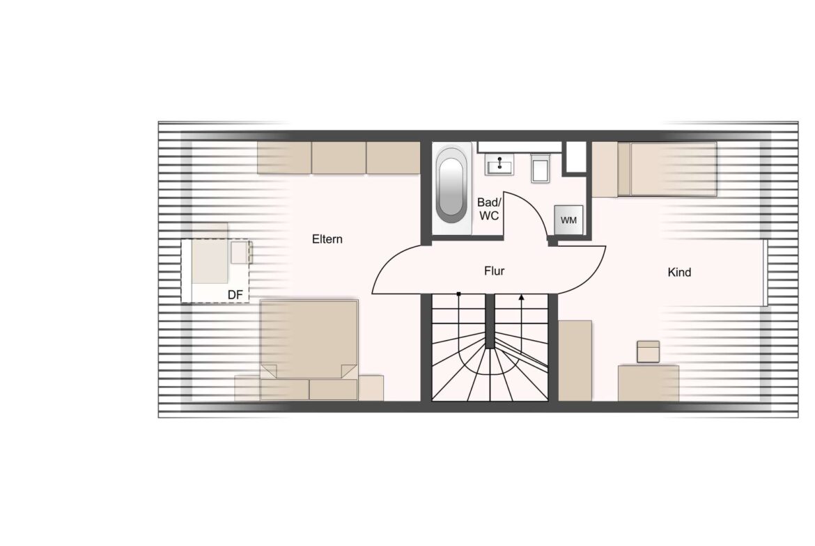 Floor plan of an upper level showing Eltern (parents) room, Kind (child) room, bathroom (Bad/WC), hallway (Flur), and central stairs.