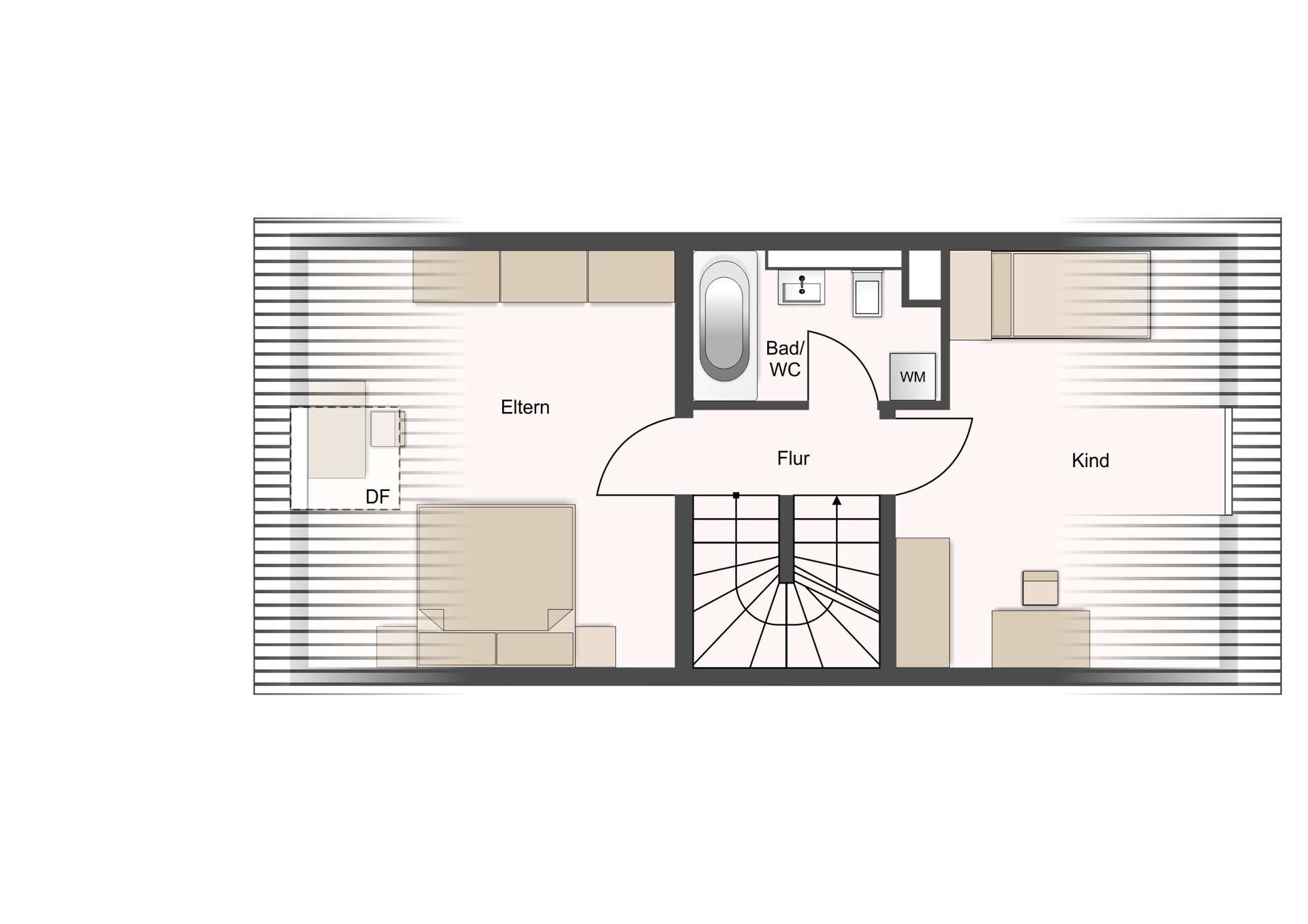 Top-down floor plan of a family attic with Eltern and Kind bedrooms, central staircase, and a bathroom near the hallway (Bad/WC, WM).