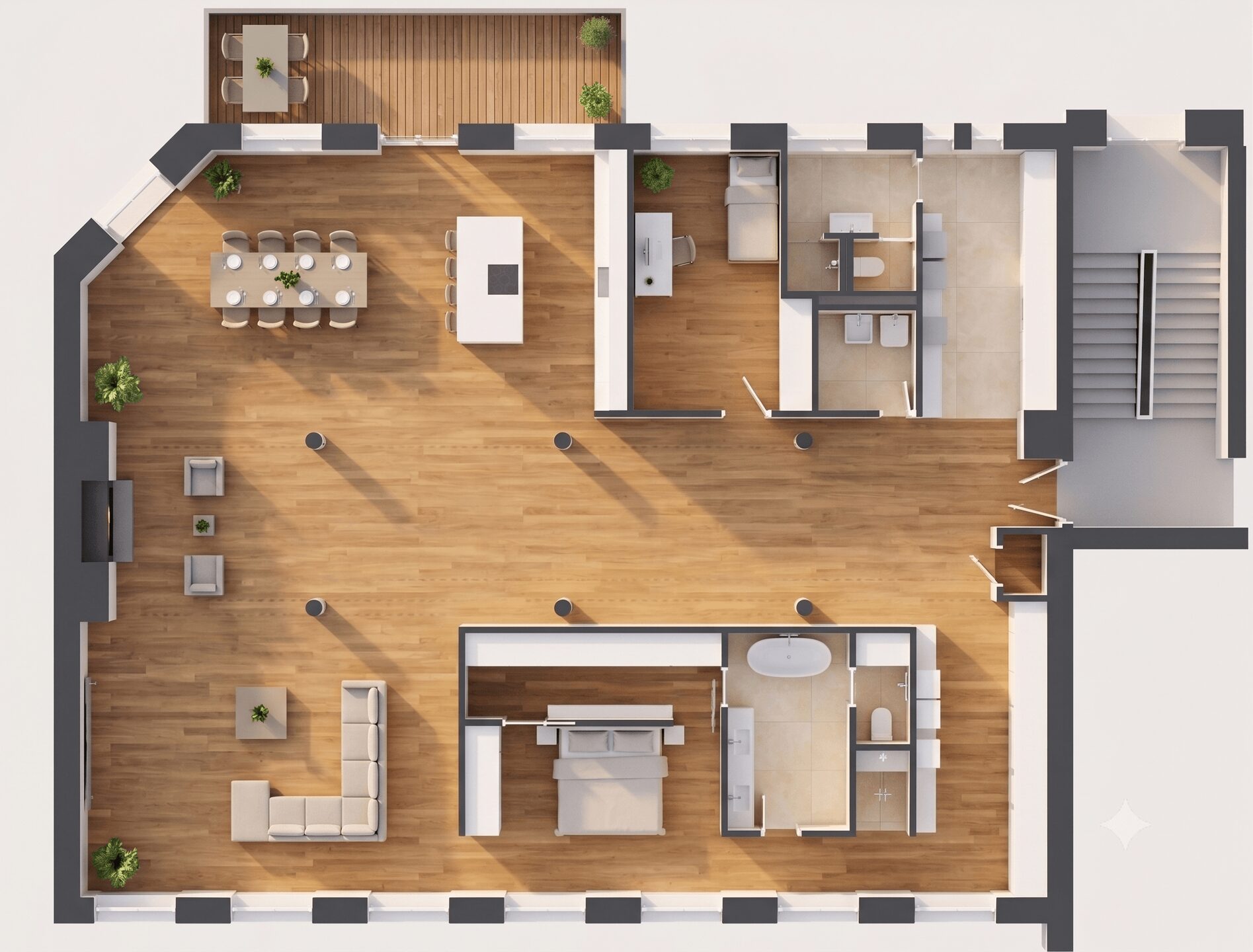 Top-down floor plan of a modern open-plan apartment with living area, dining table, kitchen island, two bedrooms, bathroom, and a balcony.