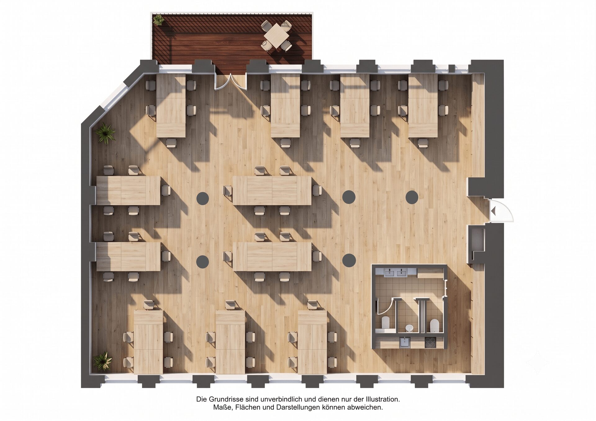 Top-down view of an open-plan office with long desks, conference tables, a kitchenette, and a wooden outdoor deck at the top area.