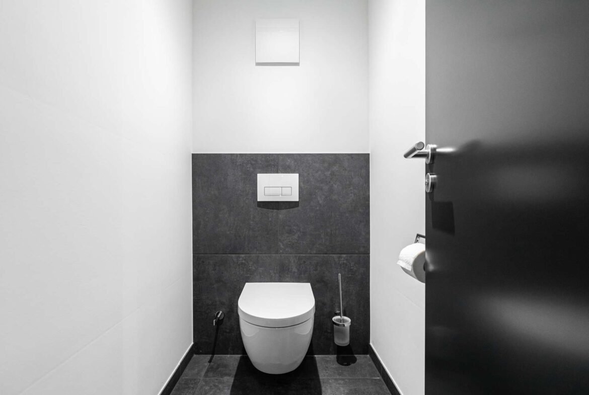 Narrow, modern bathroom with a white wall-hung toilet and a dark tiled wall behind it