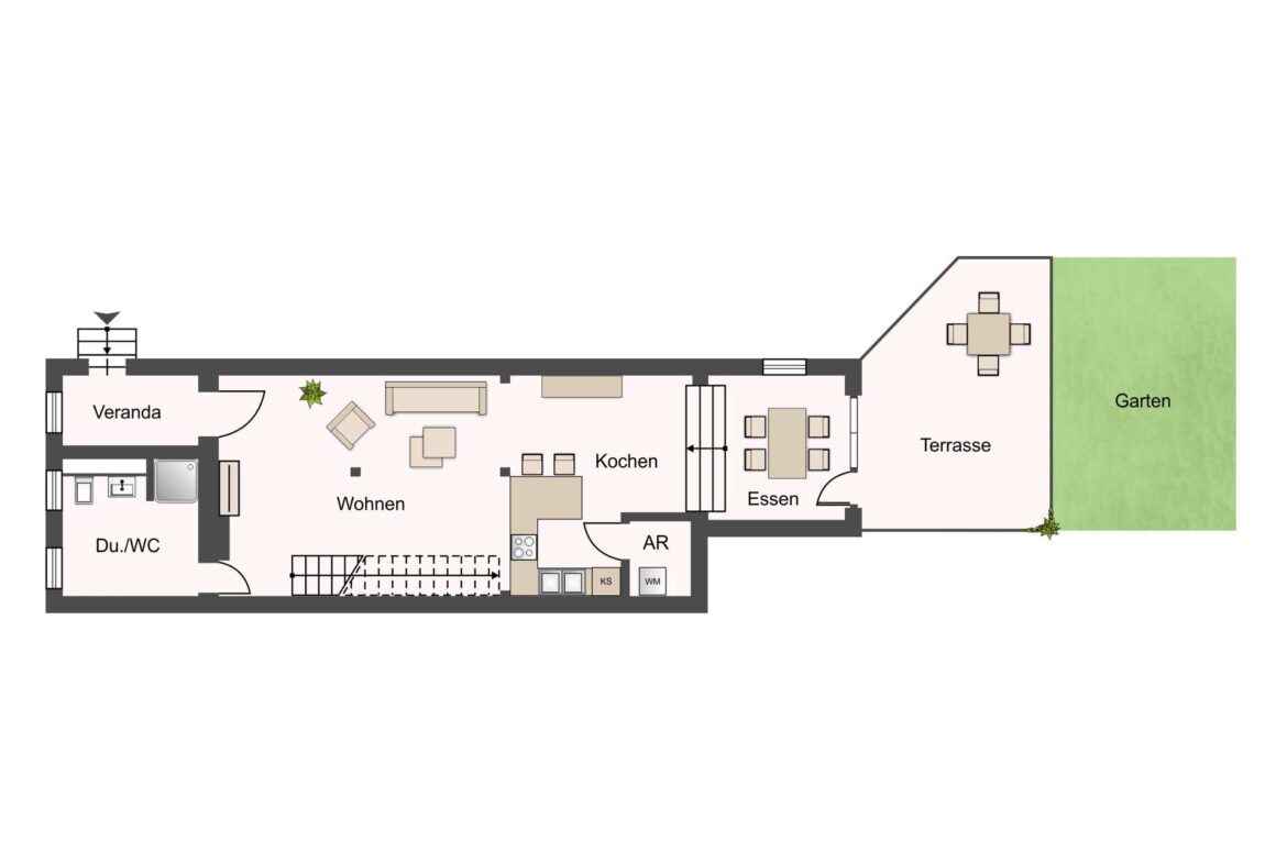 Floor plan of a house showing Veranda, Wohnen, Kochen, AR, Essen, Terrasse and Garten with labeled rooms on a long layout.