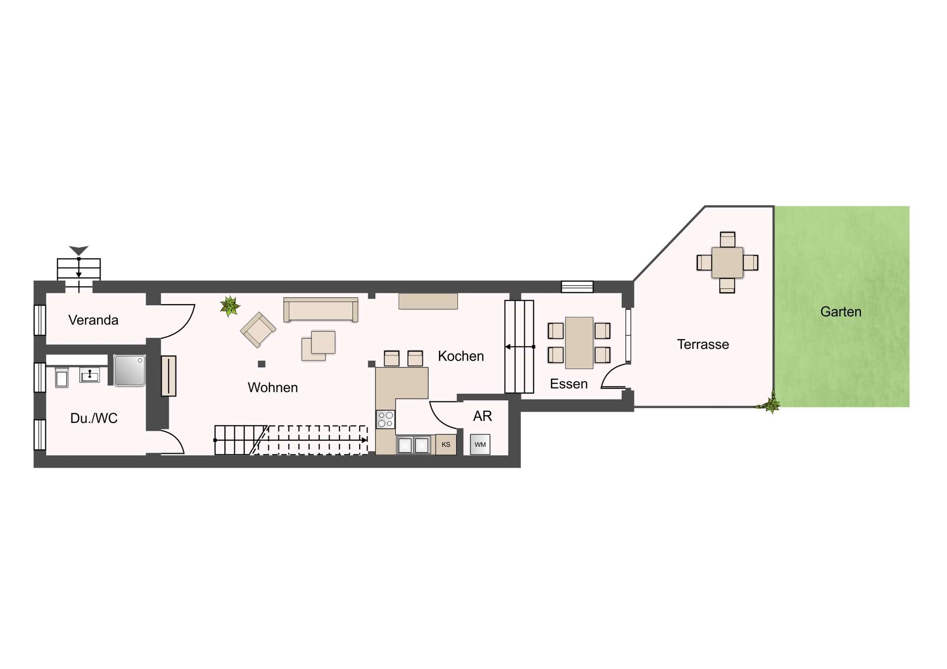 Floor plan of a house showing Veranda, living area (Wohnen), kitchen (Kochen), dining (Essen), utility room (AR), bathroom (Du./WC), terrace (Terrasse) and garden (Garten) exterior.