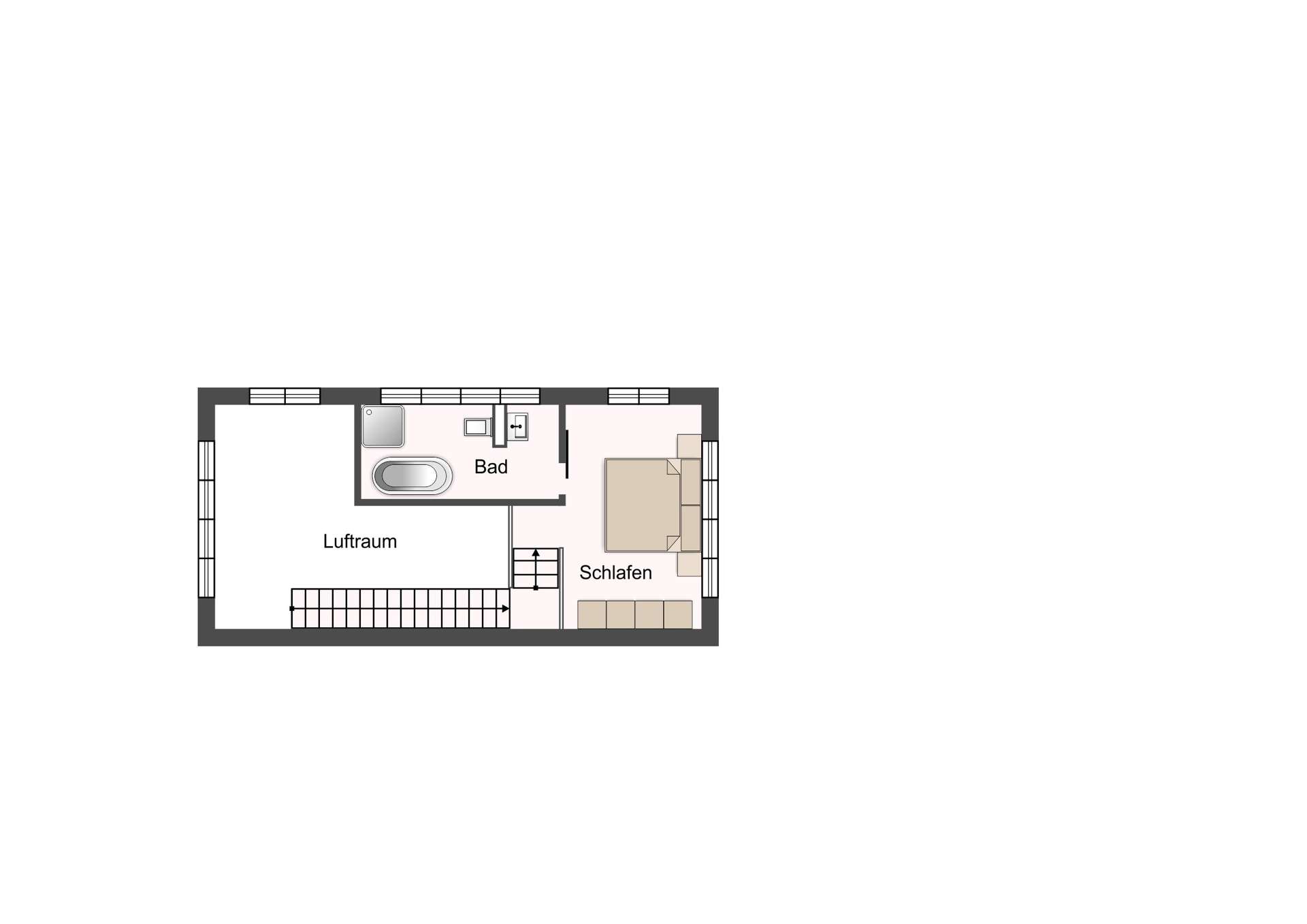 Floor plan of a small apartment: Schlafen (bedroom), Bad (bathroom), and Luftraum loft with stairs on the upper level.