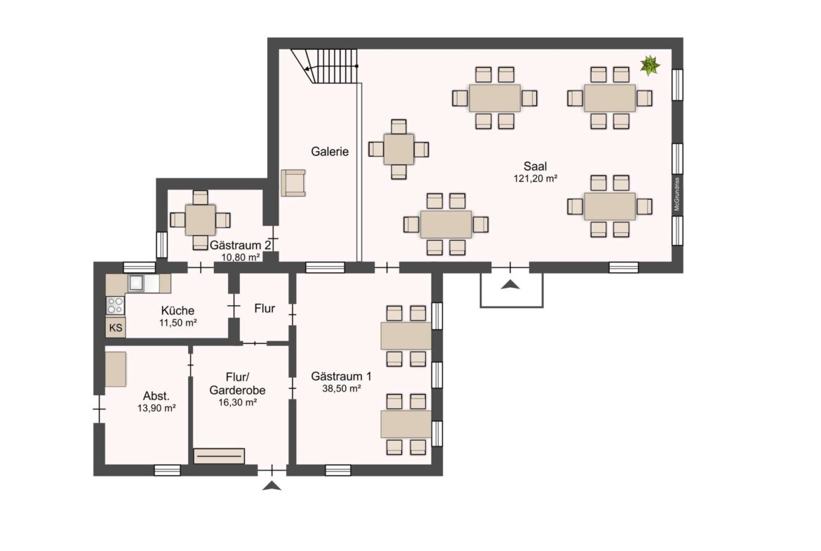 Floor plan of a venue: large event hall (Saal) with many tables, connected to Galerie and kitchen area, plus guest rooms and corridors.