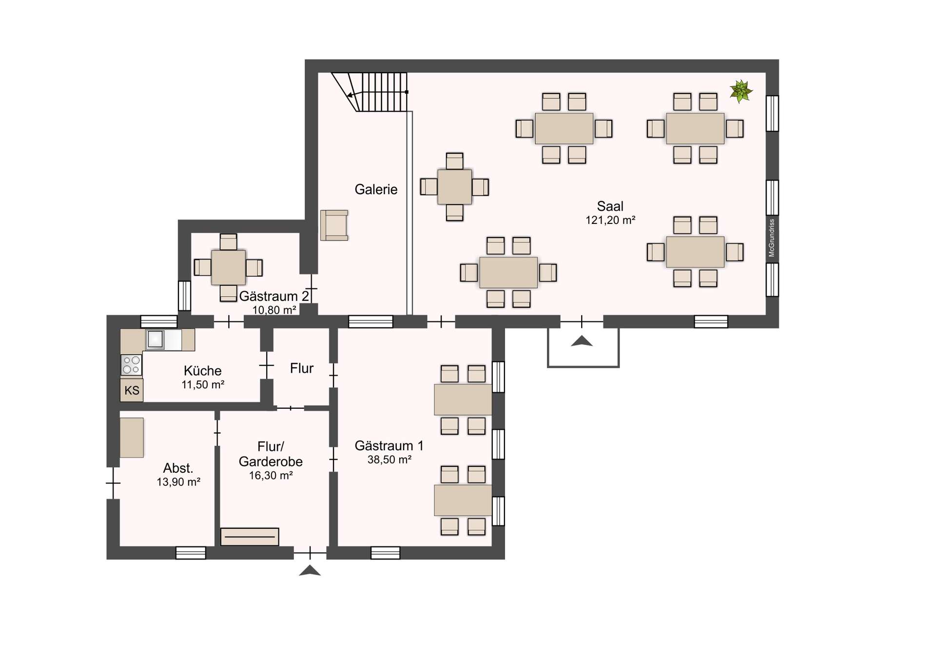 Floor plan of a venue: large event hall (Saal) with many tables, connected to Galerie and kitchen area, plus guest rooms and corridors.