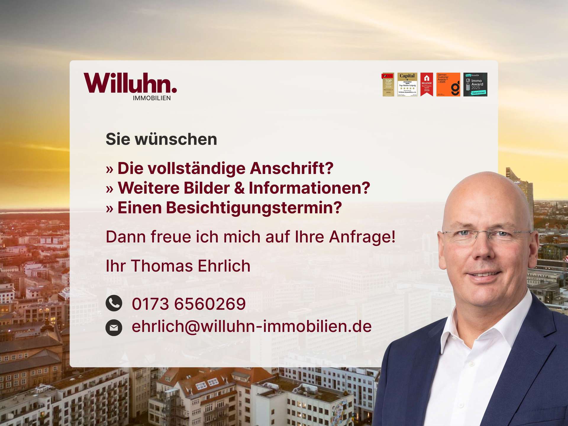 Real estate hero banner: Willuhn Immobilien, city skyline backdrop, man in a suit on the right, with German contact text over a white panel.