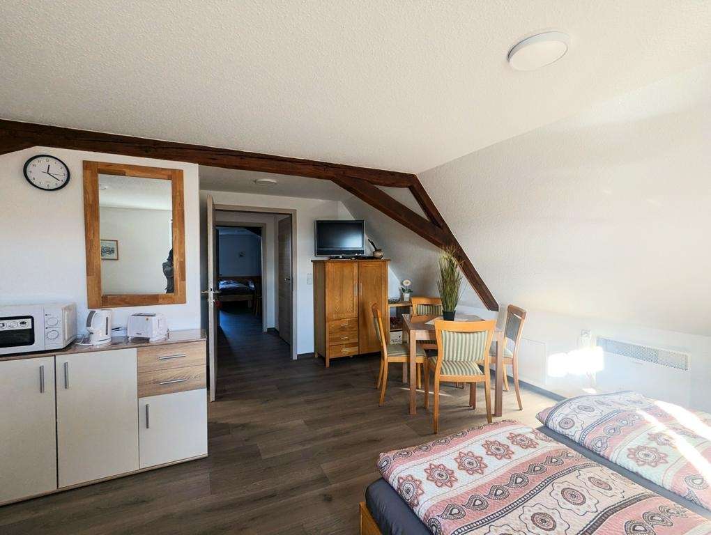 Studio room with kitchenette, dining table, TV on wardrobe, and bed in foreground under sloped ceiling.