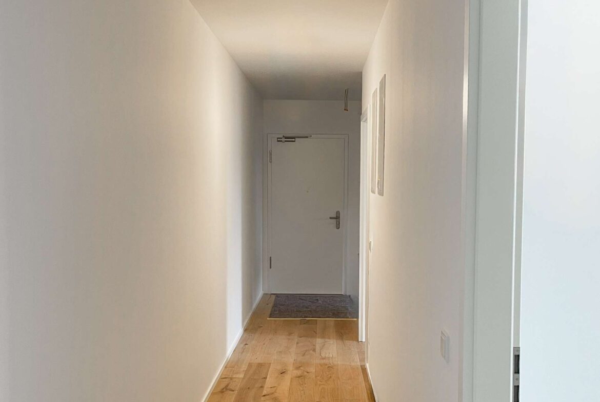 Narrow white hallway with light wood flooring leading to a closed white door at the end, a gray rug on the floor.