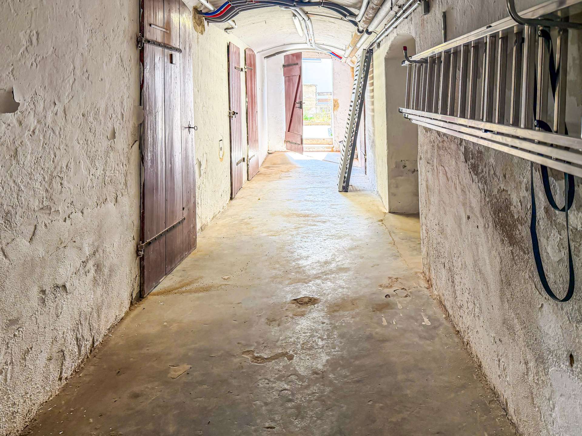 Narrow basement hallway with rough white walls, wooden doors on the left, a metal ladder against the right wall, and a bright doorway at the far end.