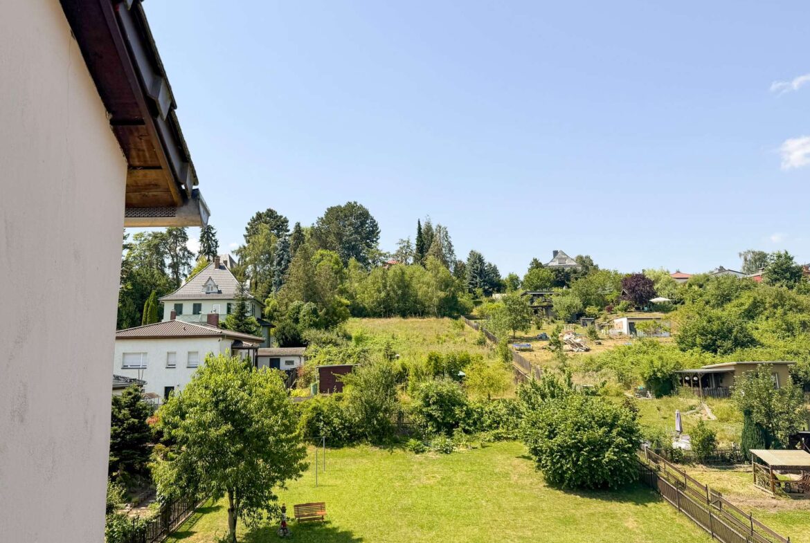 Backyard with a green lawn, trees, and a wooden fence; houses in the distance under a clear blue sky.