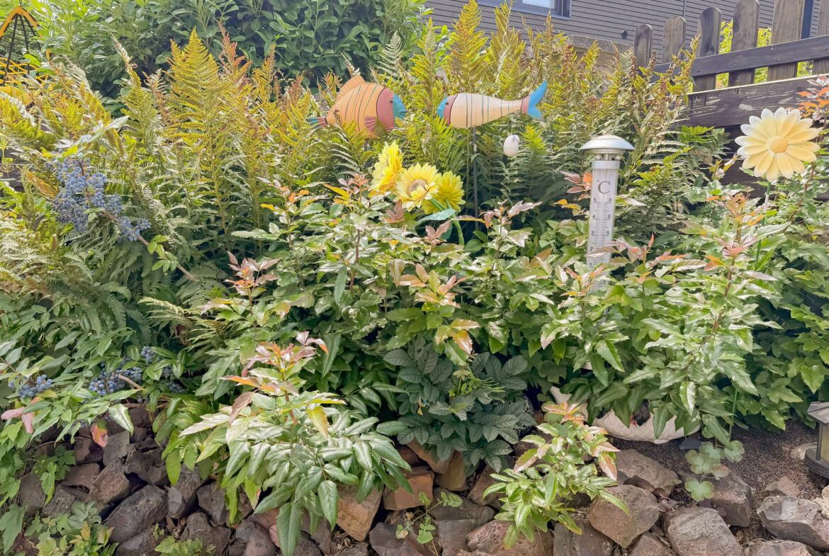 Lush garden border with ferns, flowering plants, and grape clusters, plus two colorful fish ornaments amid a rock retaining wall and a tall thermometer stake in the greenery.
