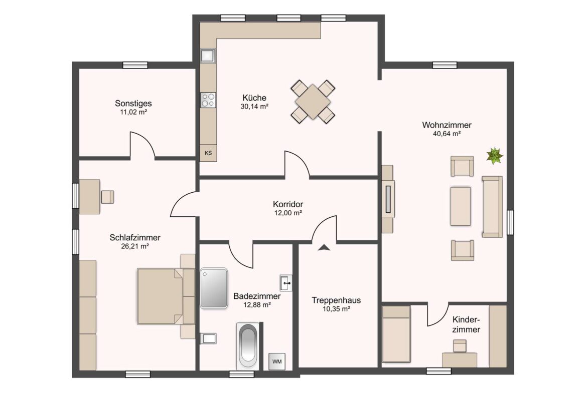 Grundriss eines Apartments: Küche, Wohnzimmer, Schlafzimmer, Badezimmer, Flur und Kinderzimmer mit jeweiligen Größenangaben (in qm).