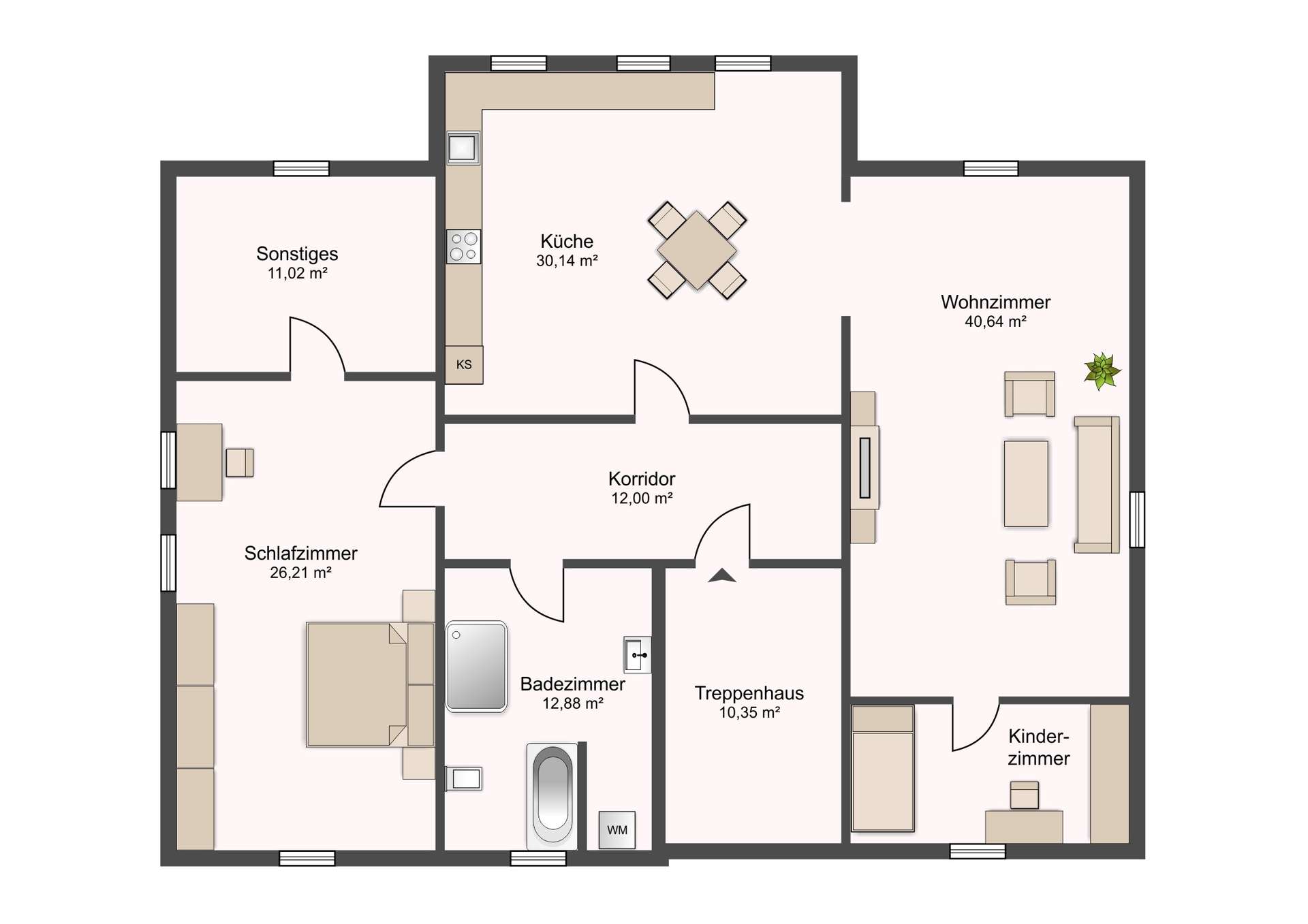 Grundriss eines Apartments: Küche, Wohnzimmer, Schlafzimmer, Badezimmer, Flur und Kinderzimmer mit jeweiligen Größenangaben (in qm).