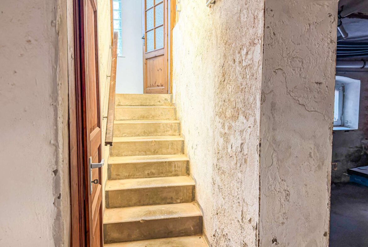 Narrow basement stairwell with concrete steps and a wooden door on the left, textured white walls surrounding the stairs.