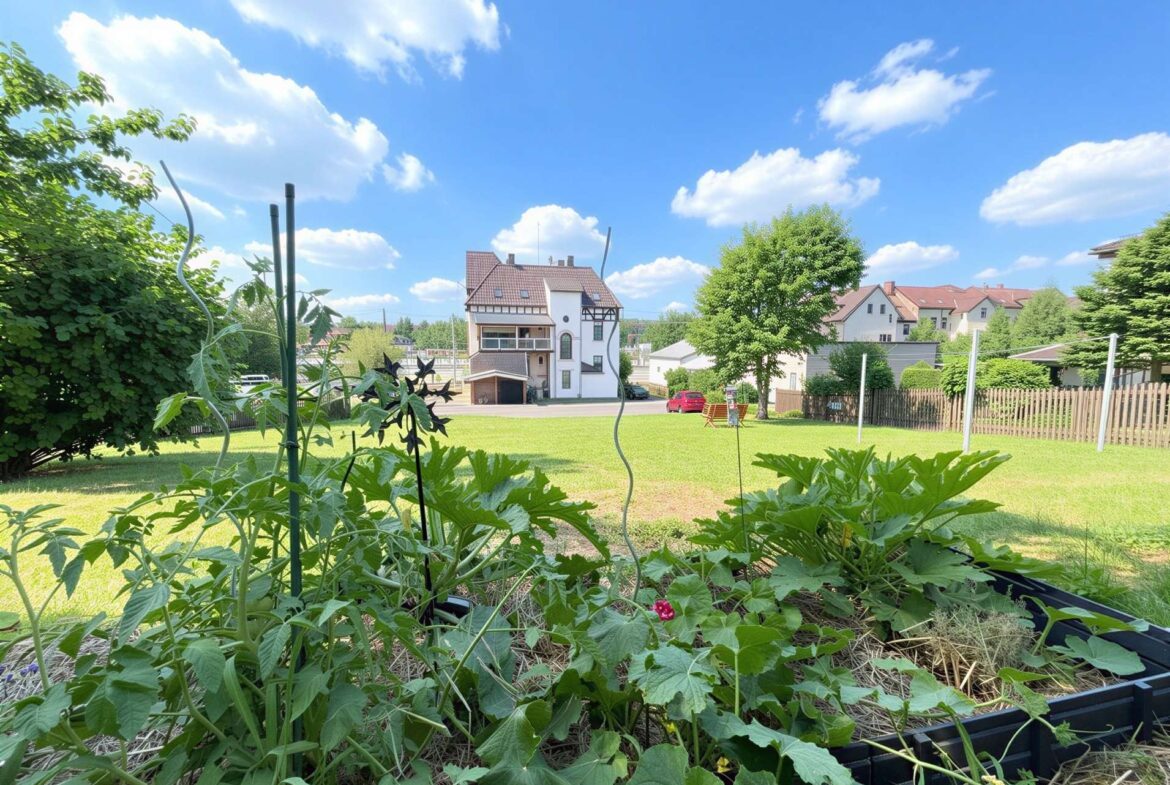 Lush garden foreground with climbing plants on a trellis, up-close leaves and vines; a suburban street and white house with brown roof in the background under a bright blue sky.