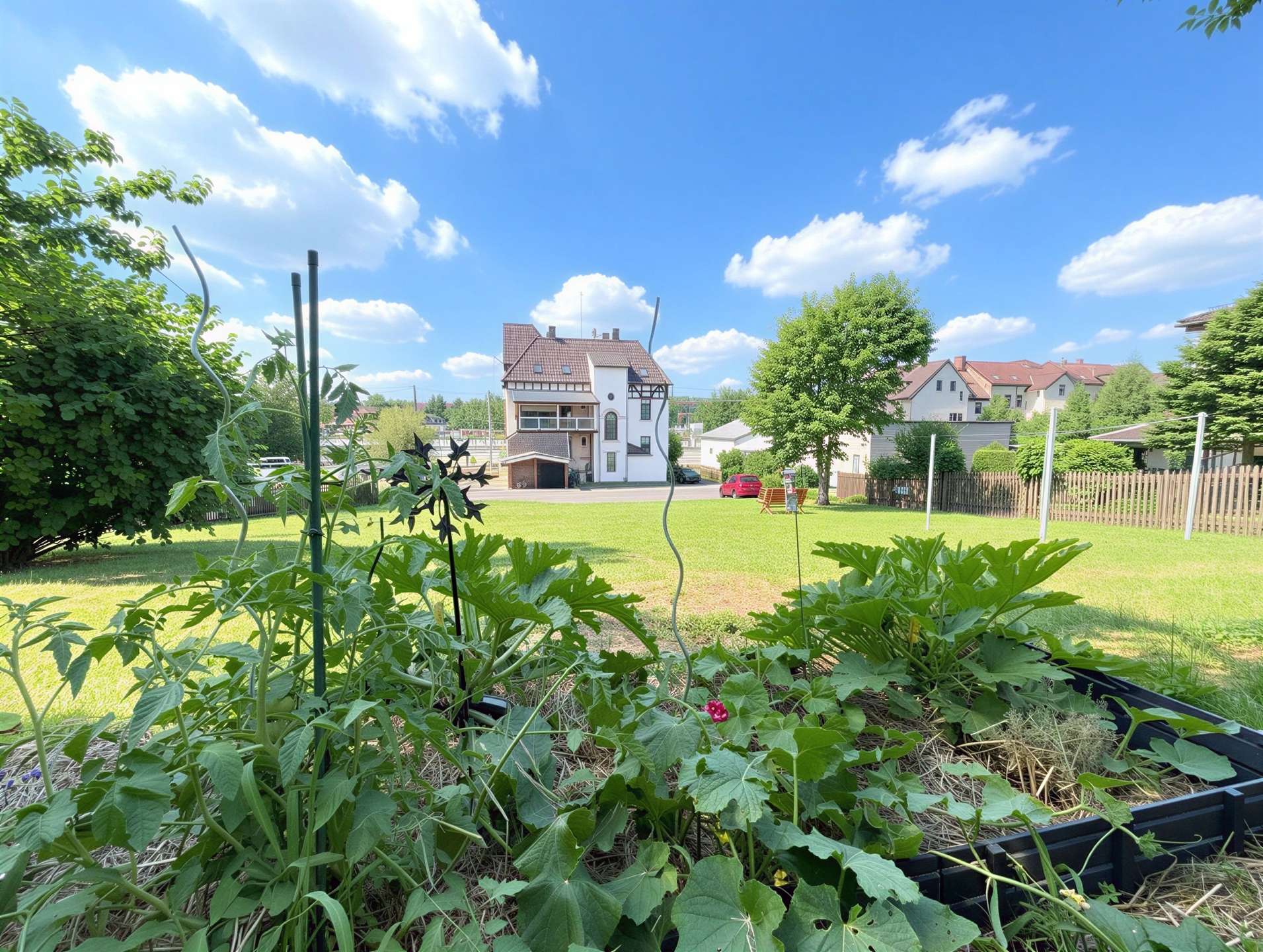 Lush garden foreground with climbing plants on a trellis, up-close leaves and vines; a suburban street and white house with brown roof in the background under a bright blue sky.