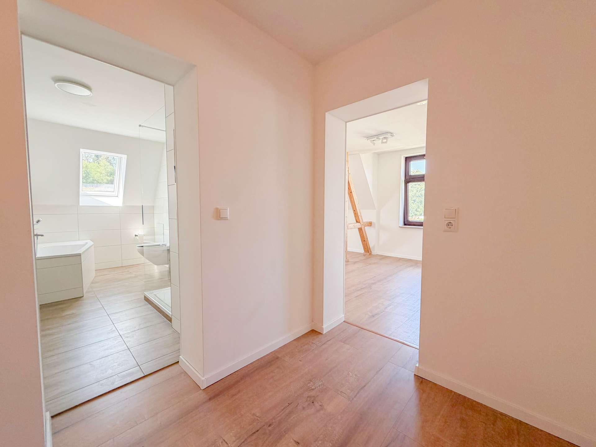 Bright hallway leading to a bathroom with a mirrored cabinet and sink on the left, and a sunlit room with a wooden ladder visible through an open doorway on the right side of the image.