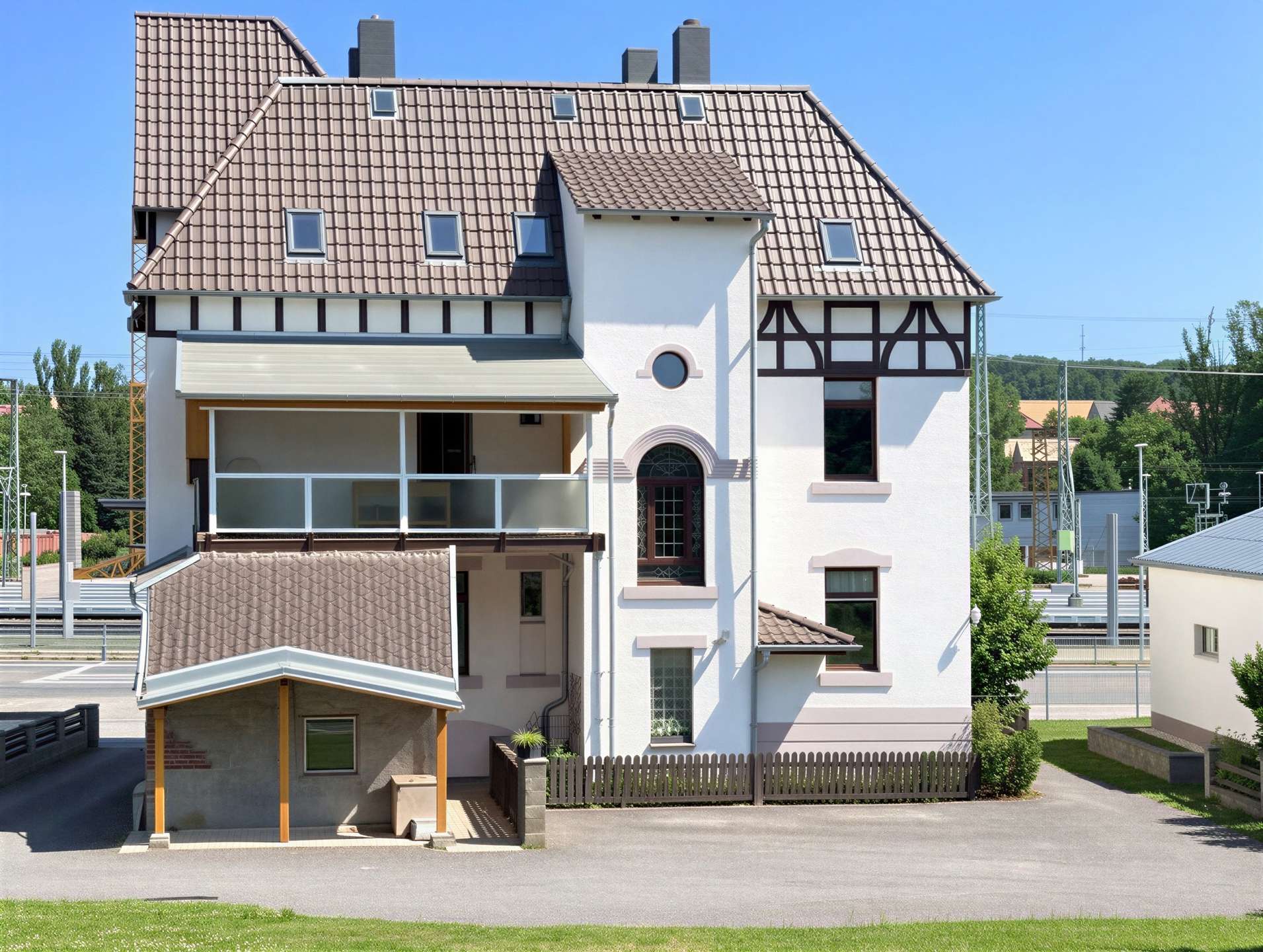 White, multi-story house with a steep brown tile roof, dormer windows, and a circular window above the entrance.