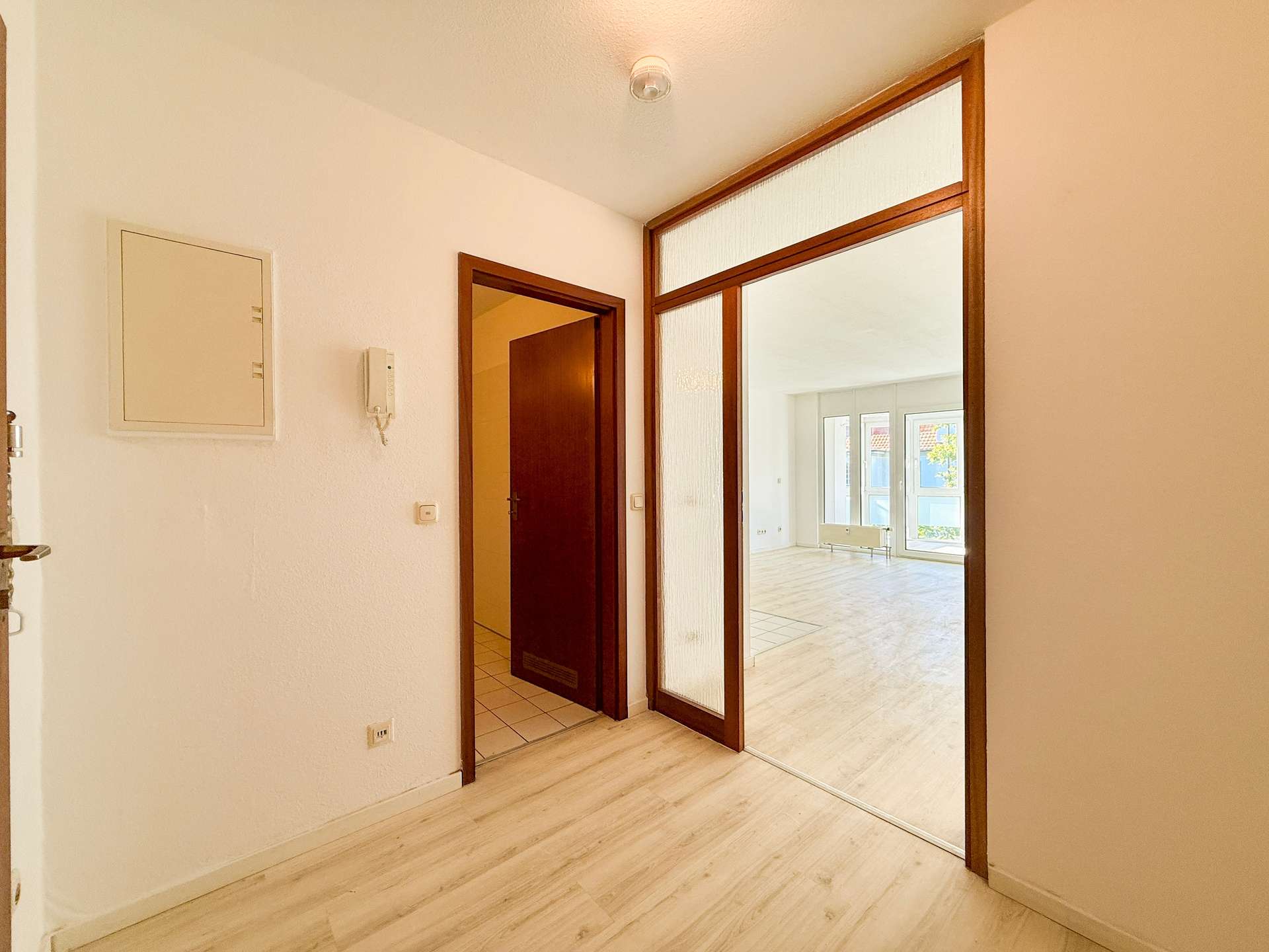 Hallway with light wood flooring and white walls, a wooden door and a glass-framed entry leading to a bright living area with large windows in the background.
