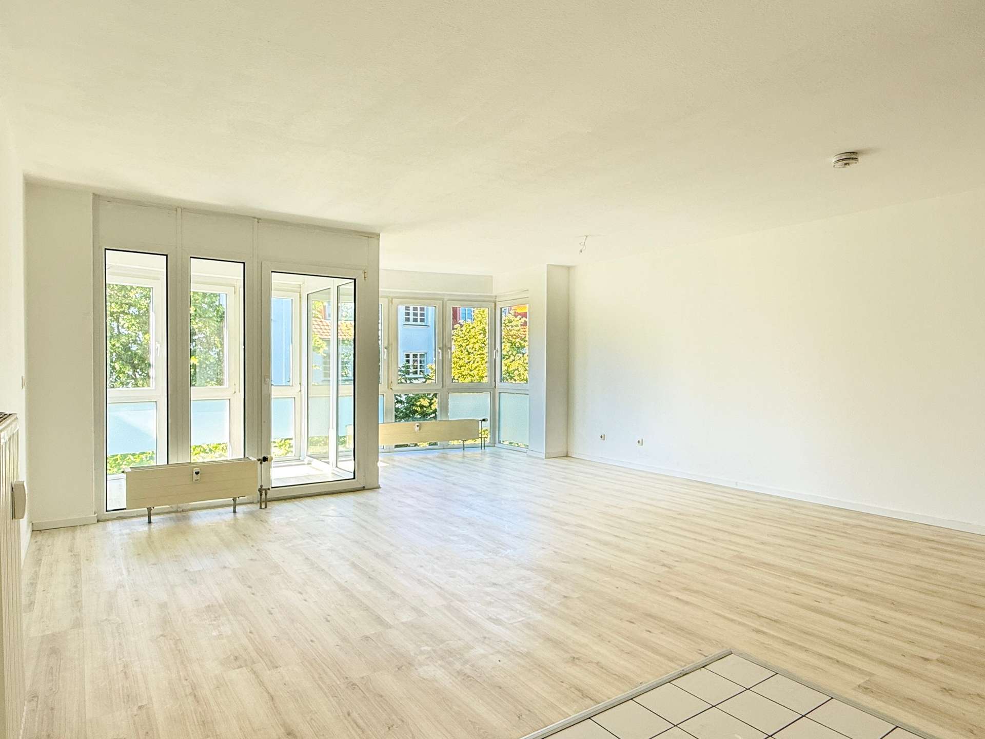 Bright, empty room with large glass doors and windows, light wood flooring, and white walls; radiator along the left wall and leafy outdoor view.