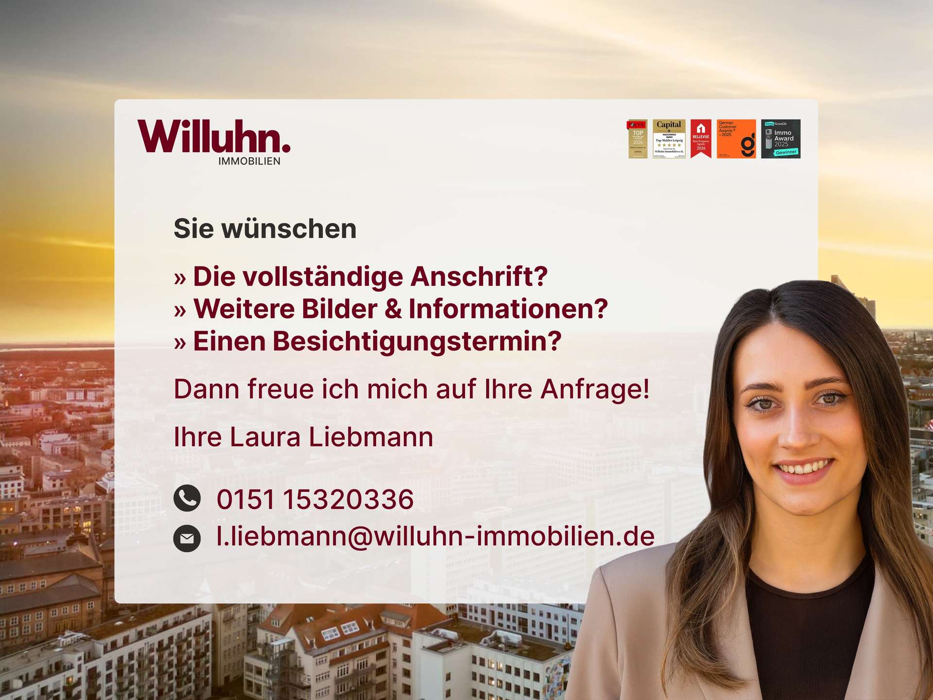Smiling woman on the right in front of a city skyline with a branding panel for Willuhn Immobilien and contact info on a light banner.