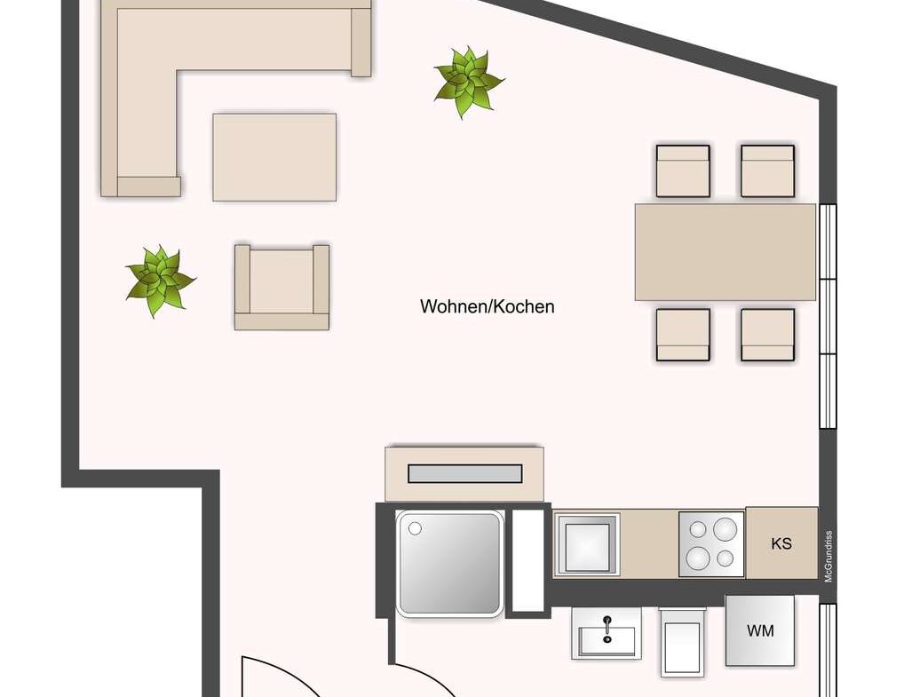 Wohnbereich mit offener Küche: Ecksofa, Sessel, Couchtisch, Esstisch für vier und zwei Pflanzen; Bad mit Waschmaschine.