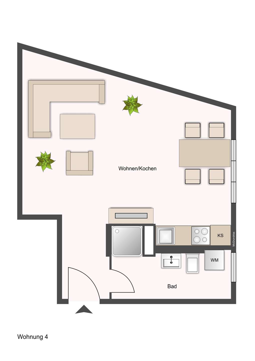 Wohnbereich mit offener Küche: Ecksofa, Sessel, Couchtisch, Esstisch für vier und zwei Pflanzen; Bad mit Waschmaschine.